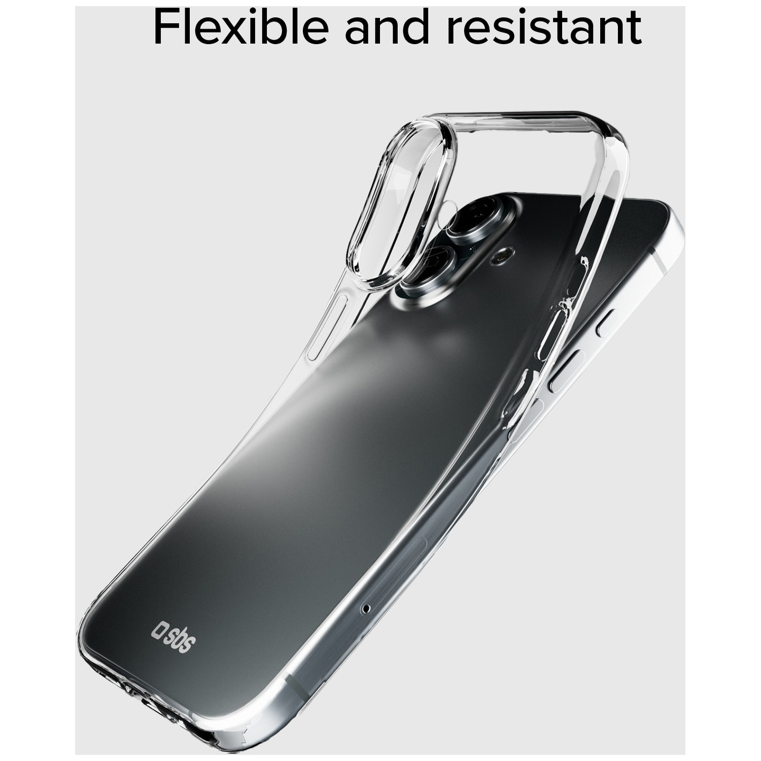 A clear phone case is over a gray phone. The case is flexible and resistant. The phone is visible through the clear case.