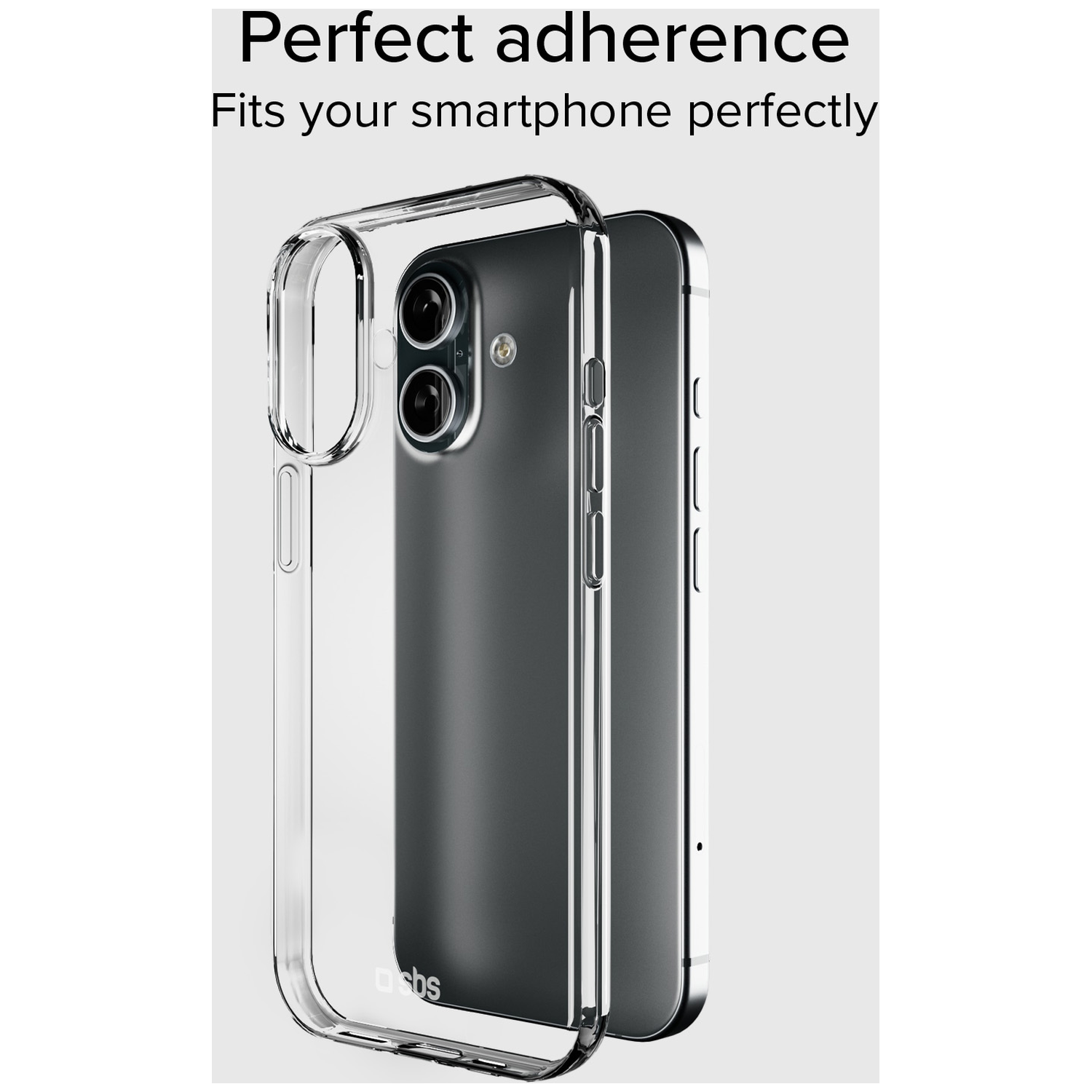 A clear phone case is shown fitted on a smartphone. The case is transparent, and the phone is black. Text at the top reads 'Perfect adherence'.