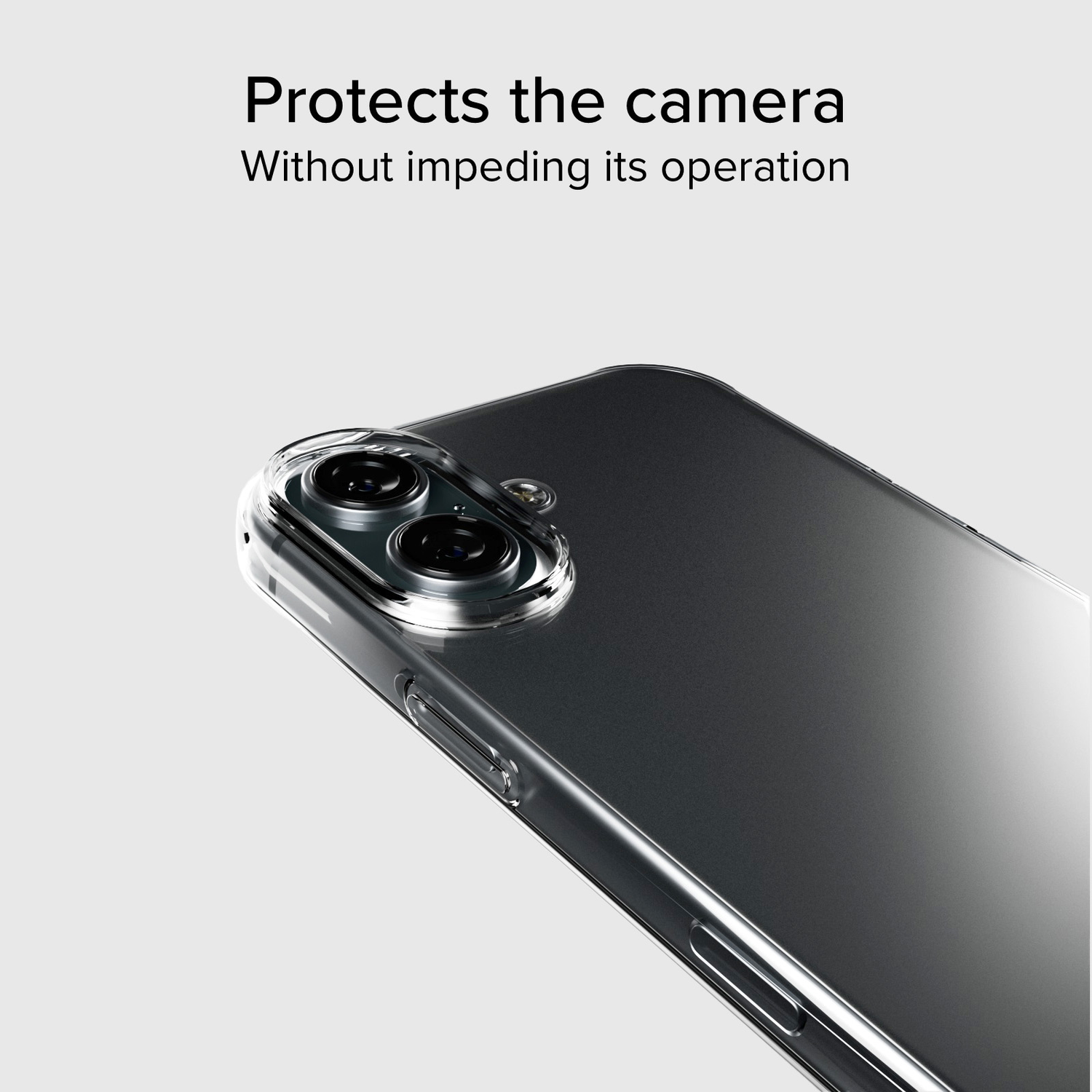 A clear phone case protecting the camera lenses. The phone is dark gray, the case is transparent.