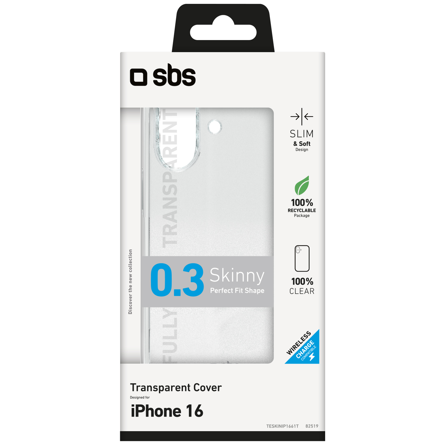 A transparent iPhone 16 cover in a white package. Features include 'Skinny', 'Slim', '100% Clear', and 'Wireless Charge'.