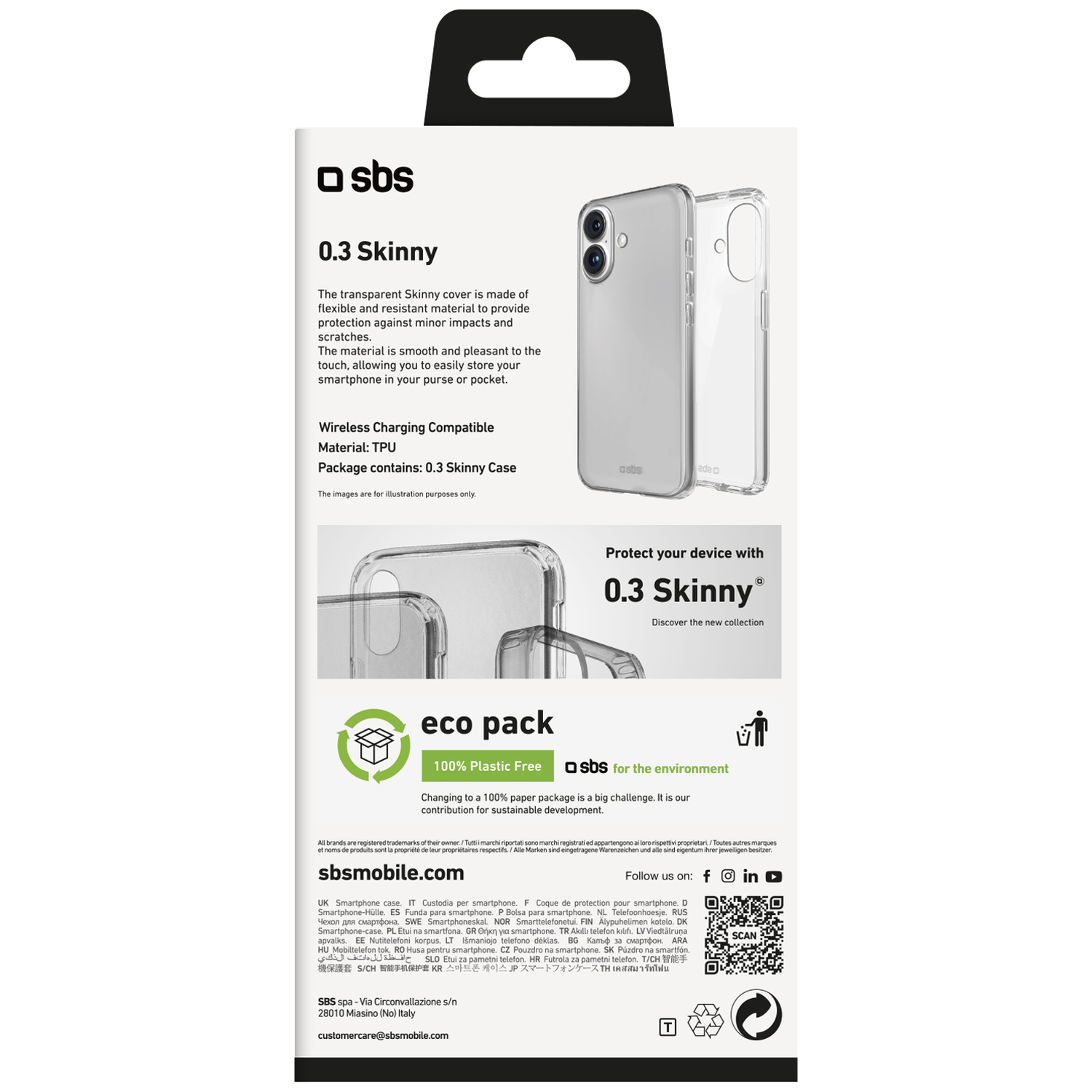 A clear phone case is displayed on a white background. Text details the case's features and eco-friendly packaging.