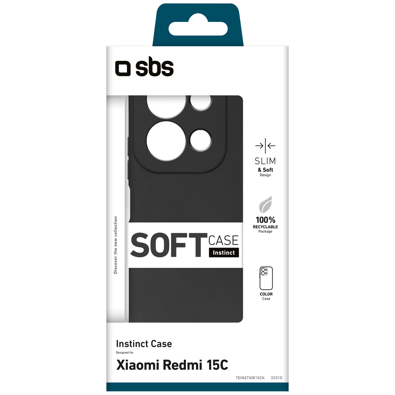 Une coque de téléphone noire dans une boîte blanche. La coque est pour un Xiaomi Redmi 15C. L'emballage indique 'SOFT CASE Instinct'.