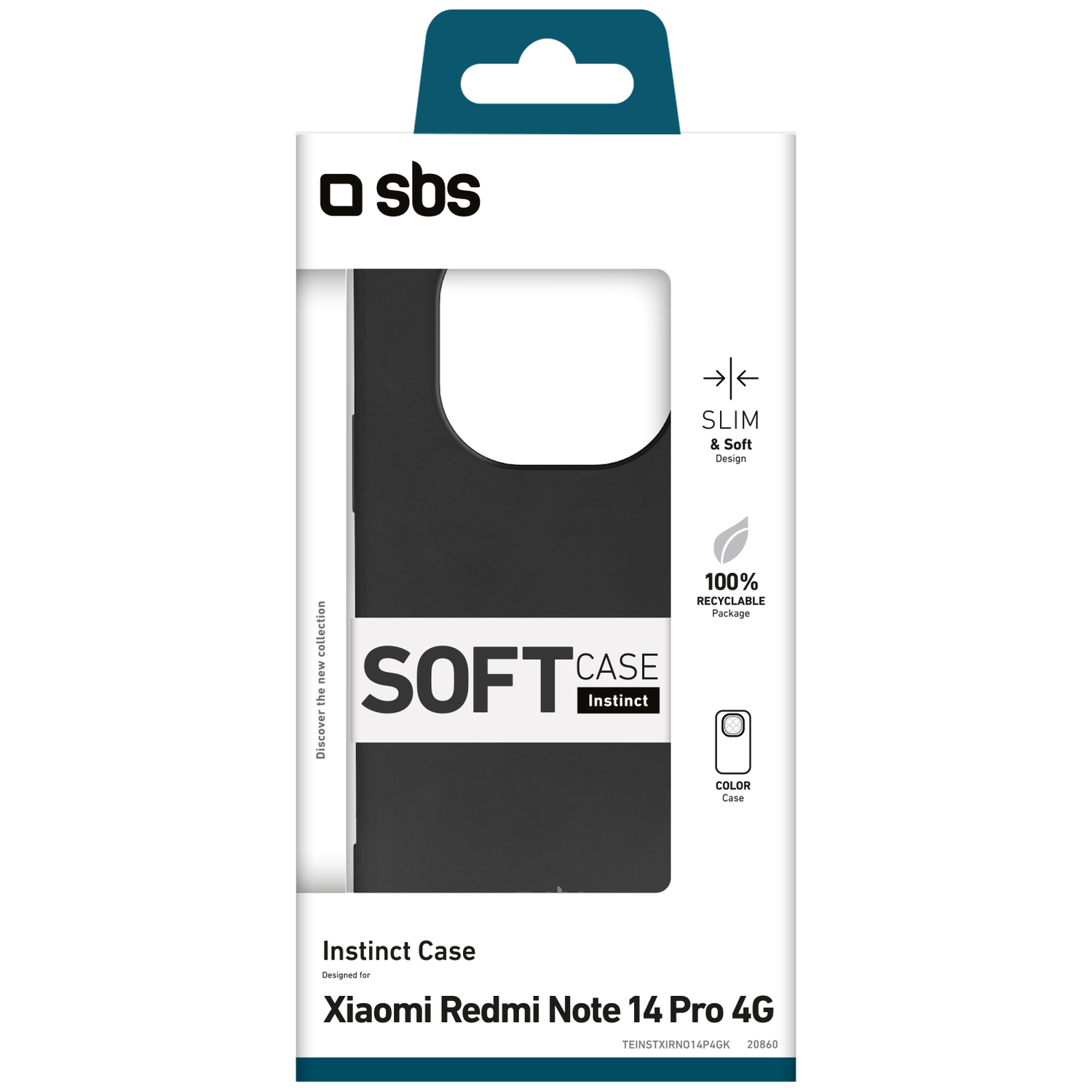 Un emballage d'étui de téléphone. Il est noir et pour Xiaomi Redmi Note 14 Pro 4G. L'emballage est blanc avec le logo et le texte SBS.