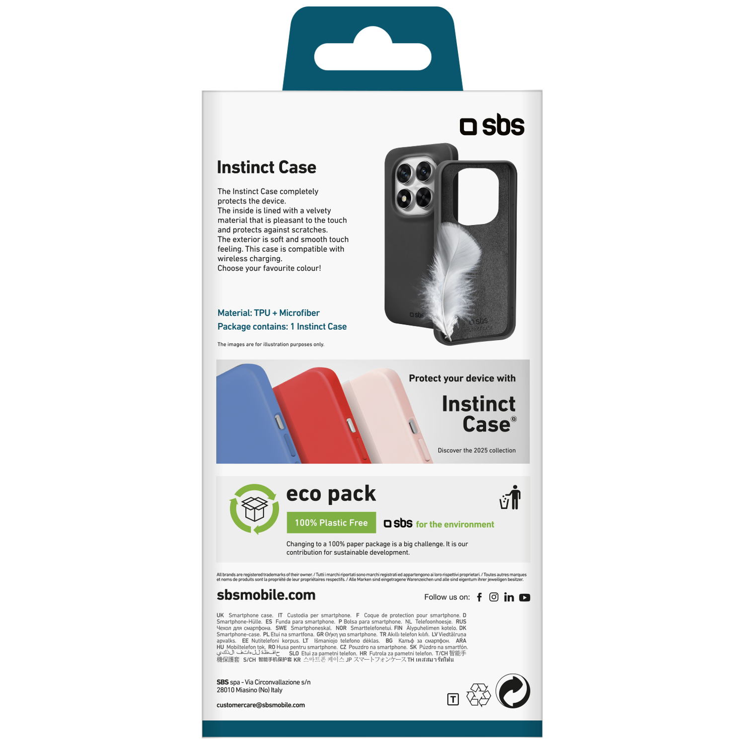 Emballage du produit pour un Instinct Case. L'étui est noir, avec une plume blanche et du texte décrivant ses caractéristiques.