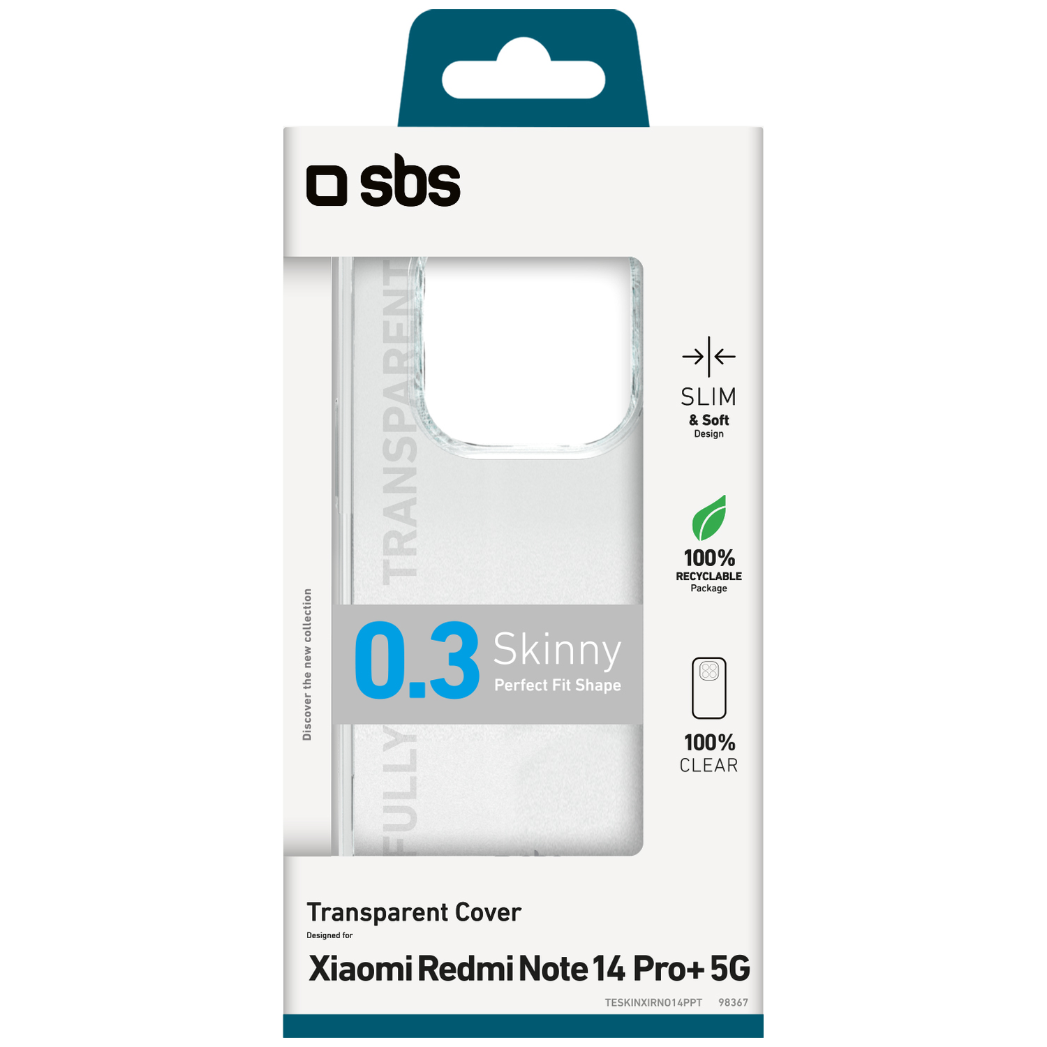 A clear phone case package. The brand is sbs. It is for Xiaomi Redmi Note 14 Pro+ 5G. Features include slim design, and recyclable package.