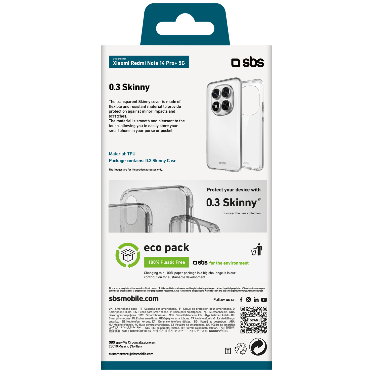 Clear phone case for Xiaomi Redmi Note 14 Pro+ 5G. The packaging shows the case and eco-friendly features.