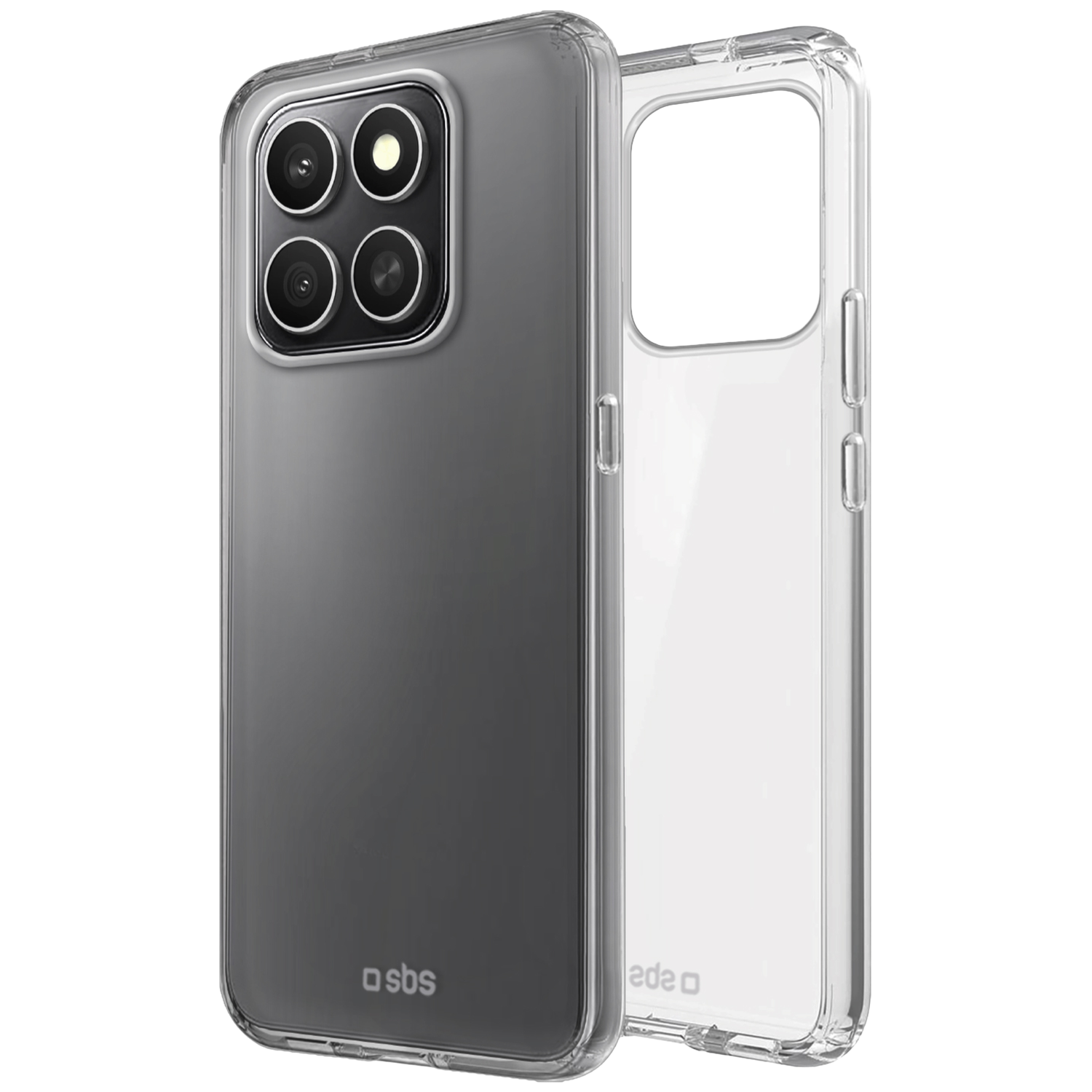 Coque de téléphone transparente. La coque a une découpe pour l'appareil photo et la marque 'sbs'. Elle est transparente.