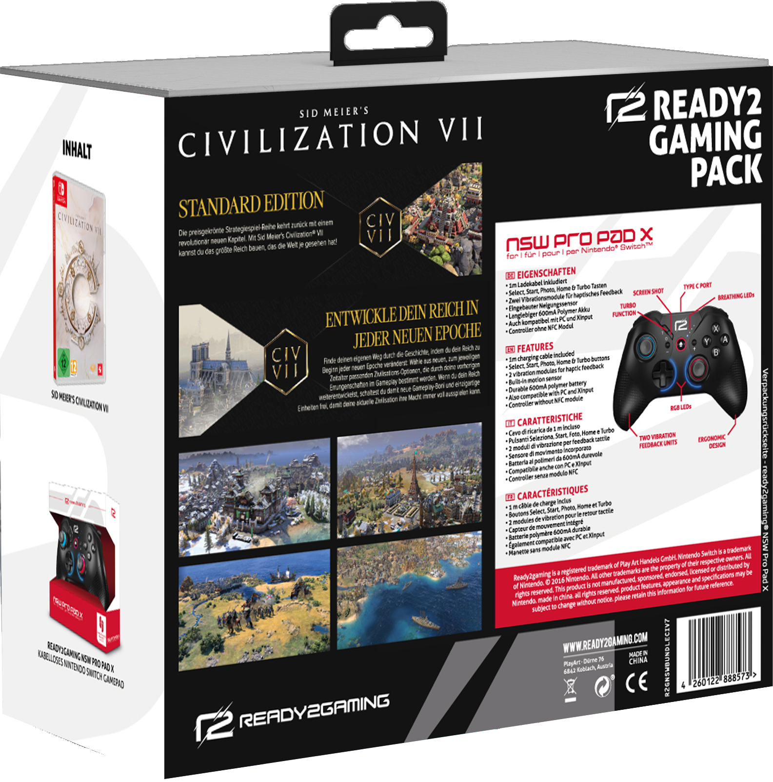 Box-Art für Civilization VII Spiel und ein Ready2Gaming Controller für Nintendo Switch.