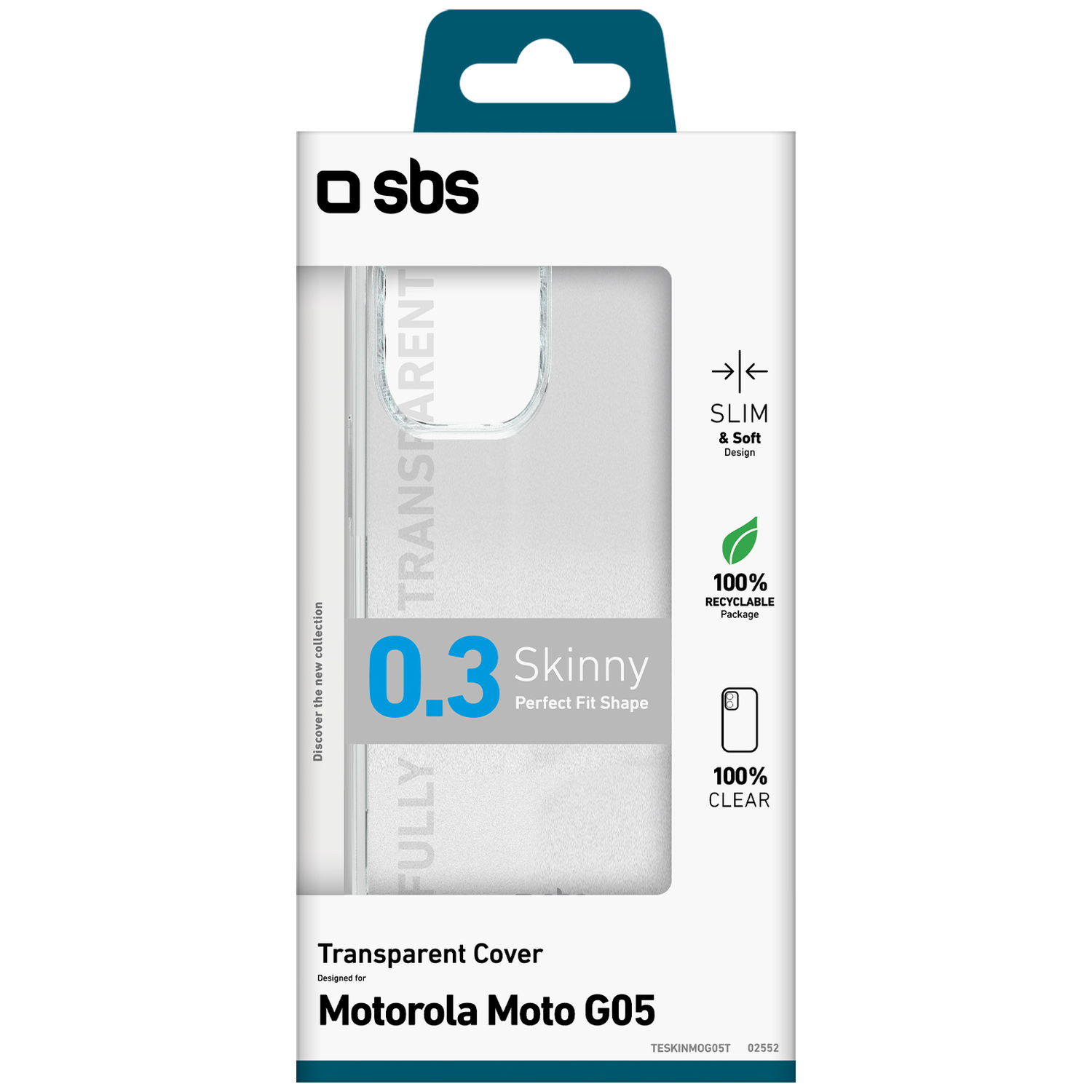 Un emballage transparent pour coque de téléphone Motorola Moto G05. Il présente la marque 'sbs', un design '0.3 Skinny' et est transparent.