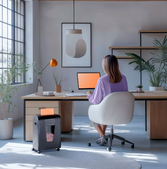 Kobieta siedzi przy biurku, patrząc na komputer. Niszczarka jest na pierwszym planie. Widoczne są również rośliny, lampa i dzieła sztuki.