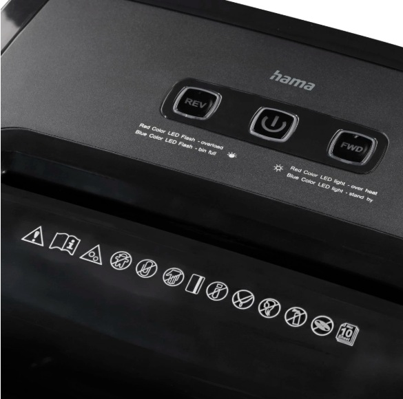 Czarna niszczarka z przyciskami REV, zasilanie, FWD i symbolami ostrzegawczymi. Widoczna jest nazwa marki 'hama'.