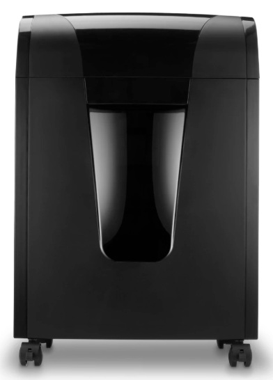 Czarna niszczarka do papieru na białym tle. Ma błyszczący, zakrzywiony design z kółkami na dole ułatwiającymi przemieszczanie się.