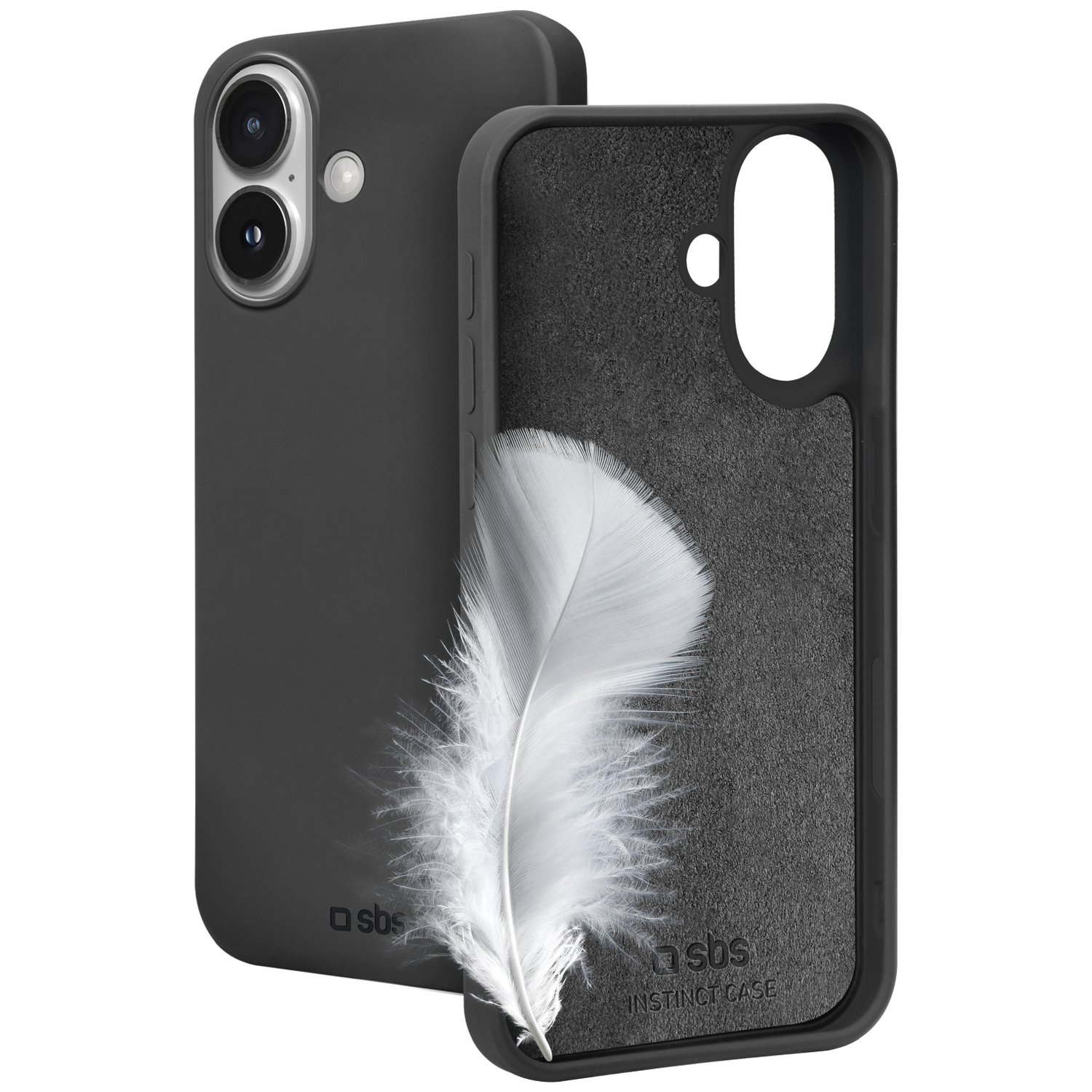 Deux coques de téléphone noires, une ouverte avec une plume blanche à l'intérieur. L'autre montre la caméra du téléphone. Les deux coques ont le logo 'sbs'.