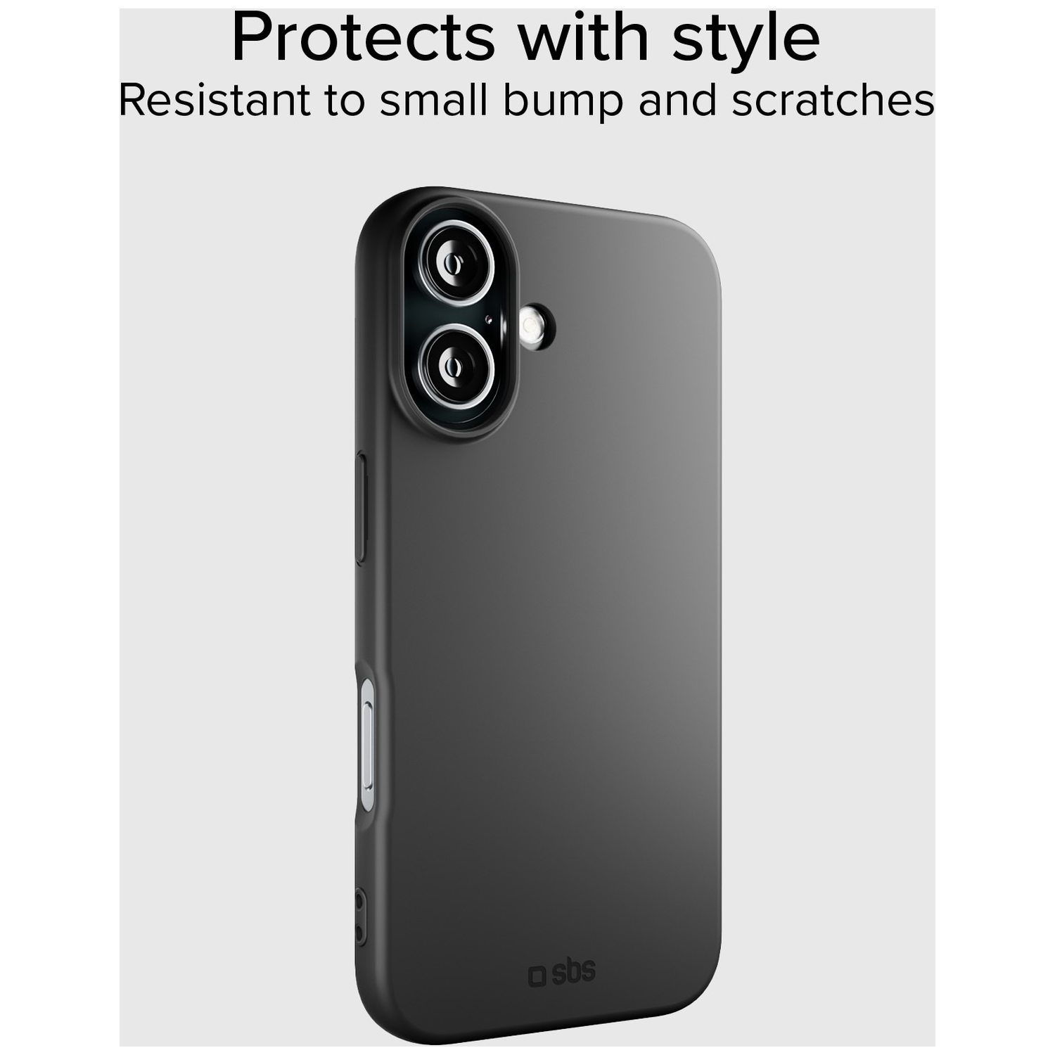 Coque de téléphone noire avec découpes pour caméra, logo sbs et texte 'Protège avec style'.
