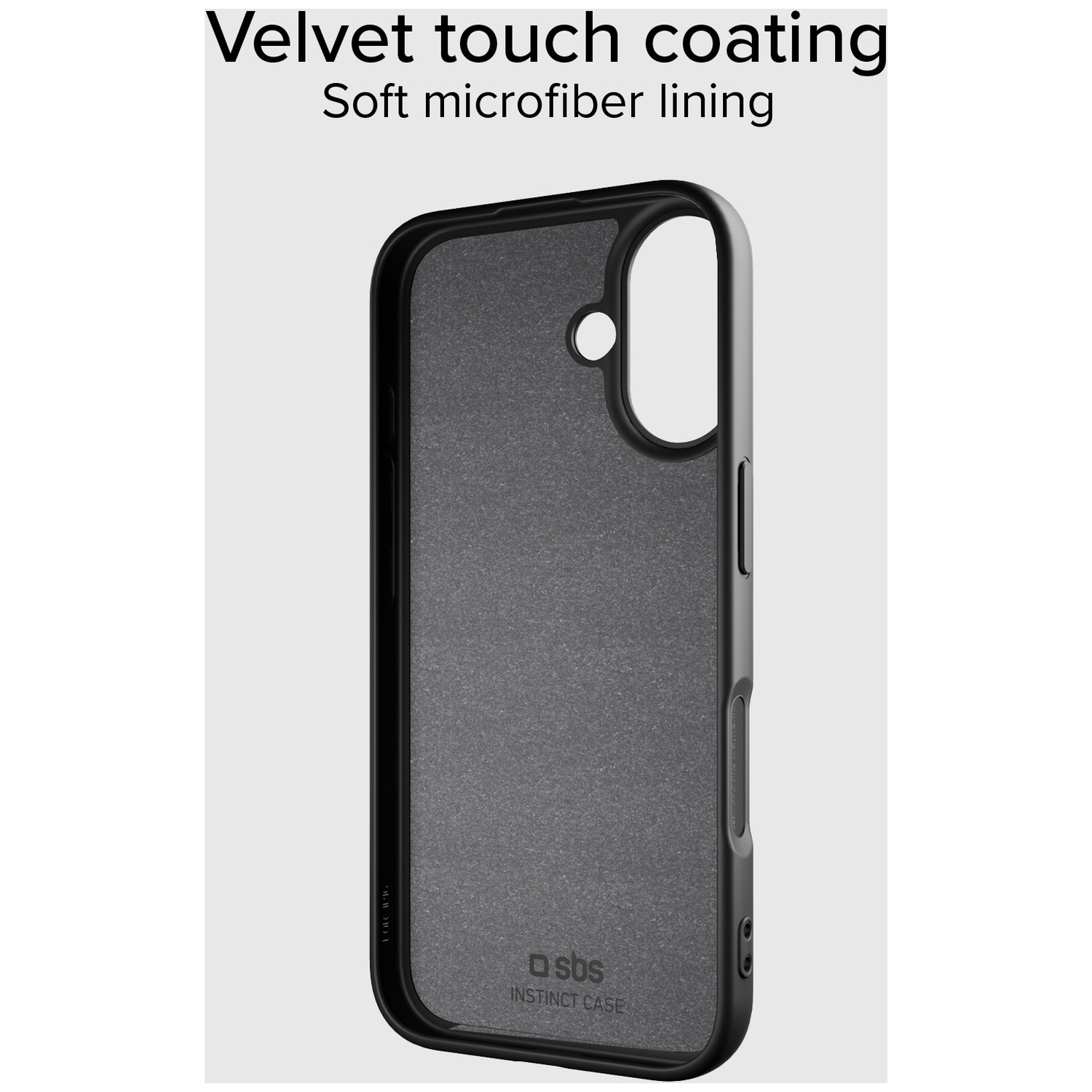 Coque de téléphone noire avec doublure en microfibre douce. L'étui a un revêtement effet velours et un logo en bas.