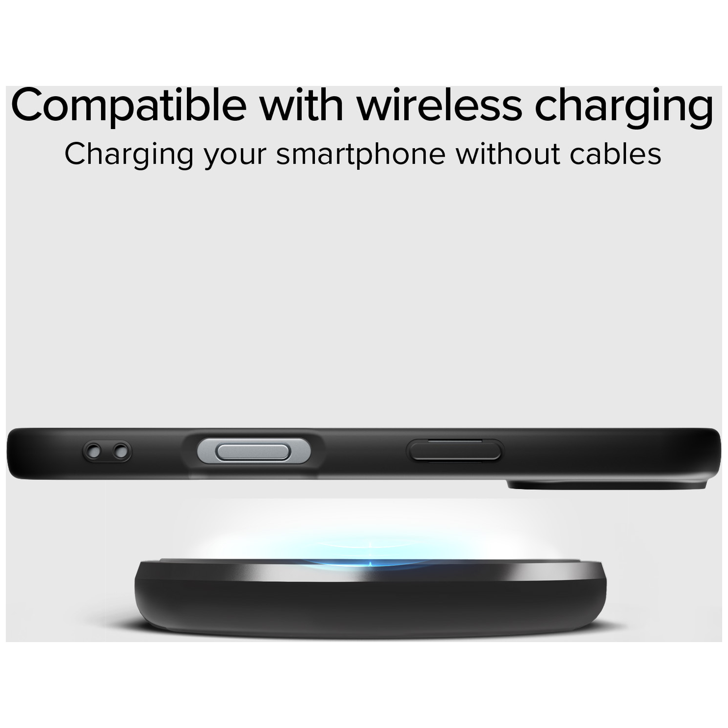 Coque de téléphone noire au-dessus d'un chargeur sans fil. Texte : Compatible avec le chargement sans fil. Chargez votre smartphone sans câbles.