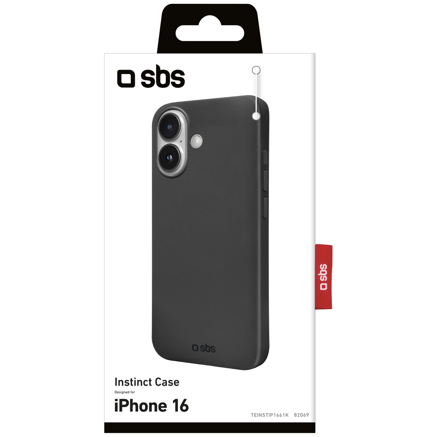 Un étui noir pour iPhone 16 est présenté dans un emballage noir et blanc. L'emballage porte le logo 'sbs'.