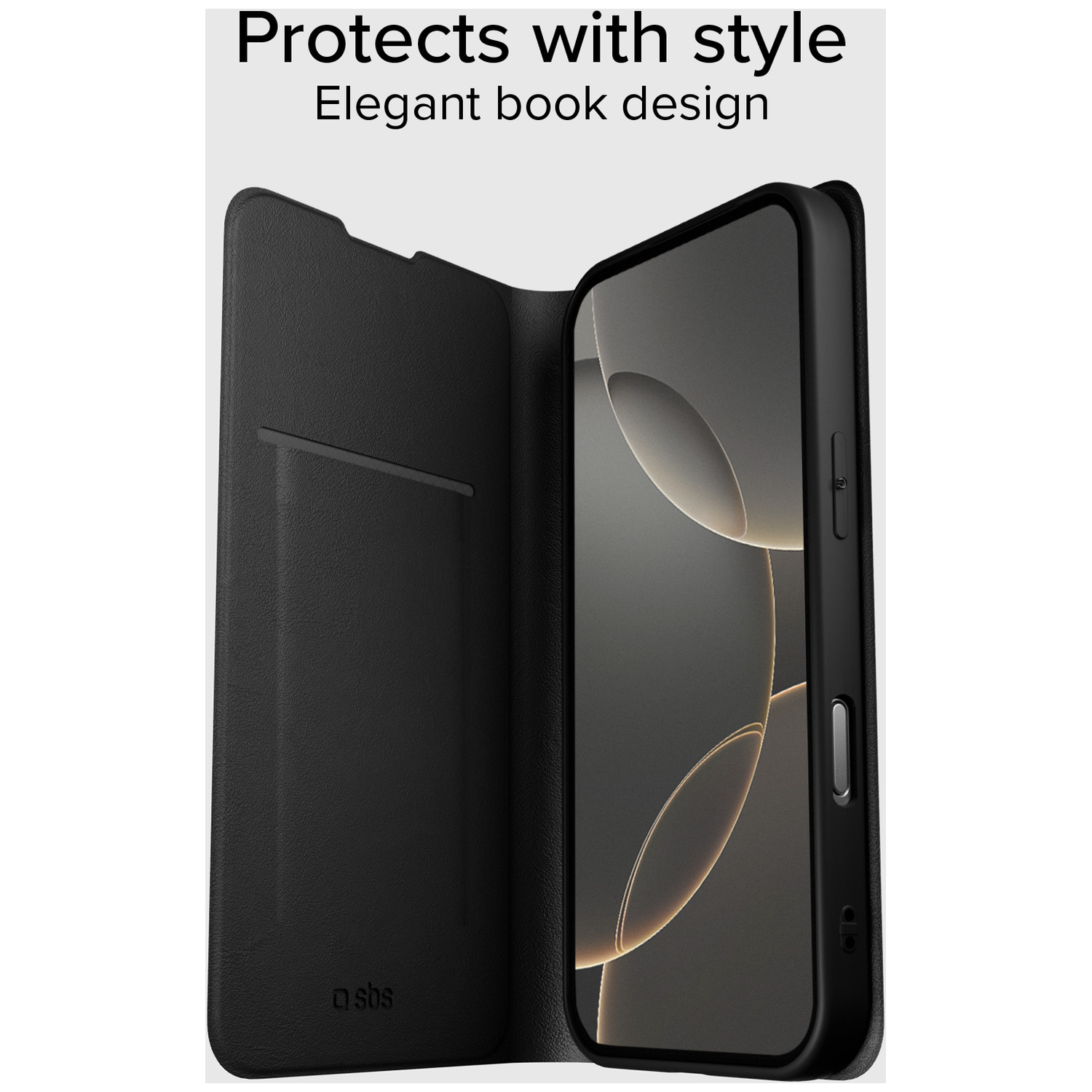 Zwarte telefoonhoes open als een boek, toont het scherm. Tekst: 'Beschermt met stijl, Elegant boekdesign'.