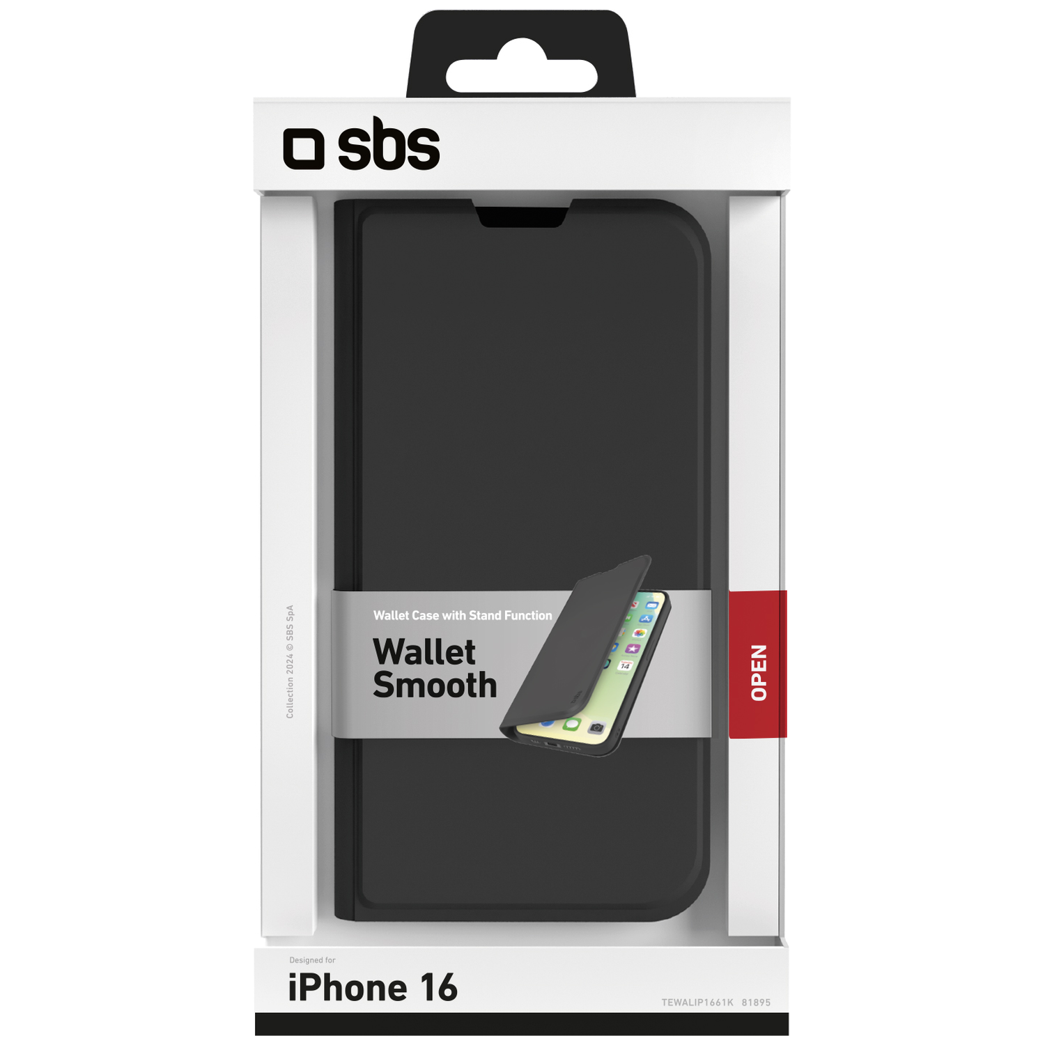 Een zwarte iPhone 16 wallet case in de witte verpakking. De open case onthult de telefoon. Tekst: Wallet Smooth, SBS.