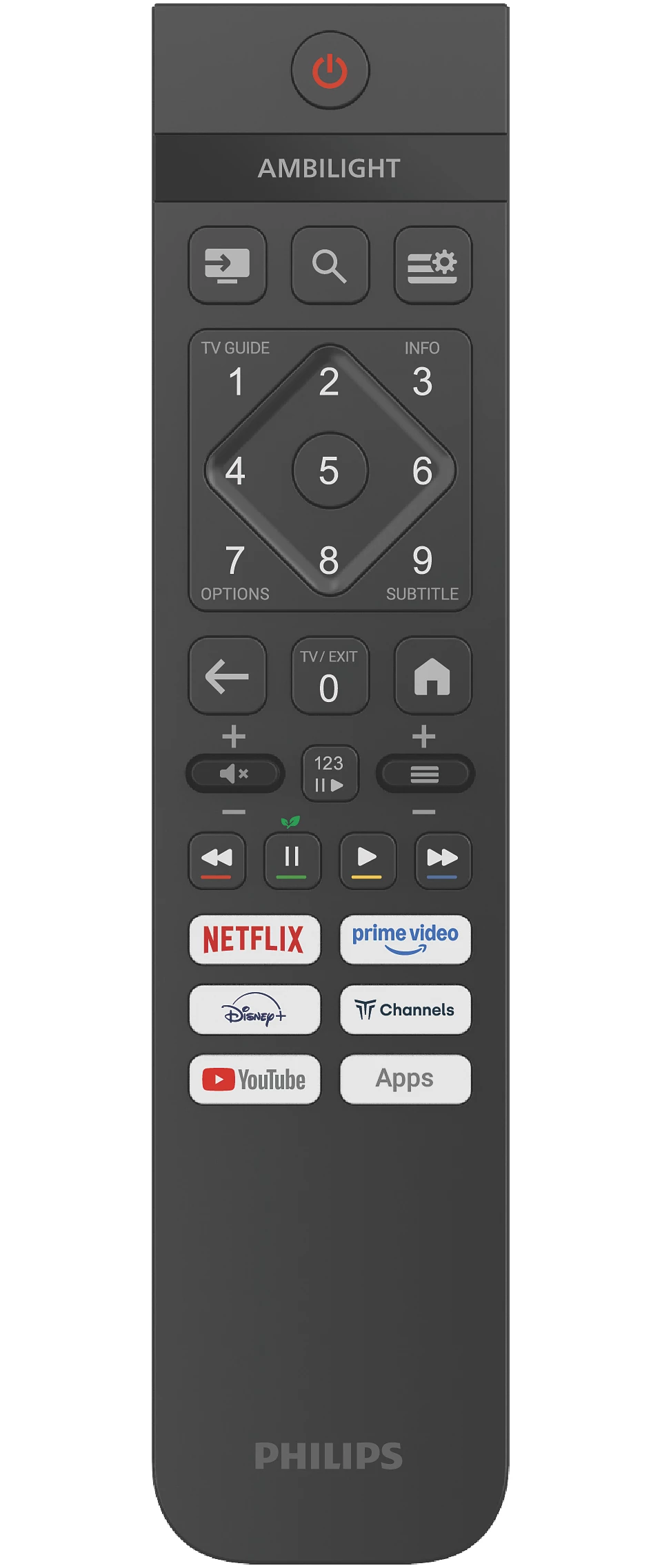 Philips TV távirányító. Sok gombja van, többek között Netflix, YouTube, számgombok és hangerőszabályzók.