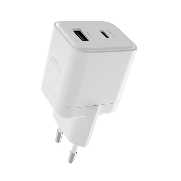 ALLITY USB-C és USB-A GaN hálózati adapter, 20W, fehér (ATC_01_20W_1USBC_1UA_W)