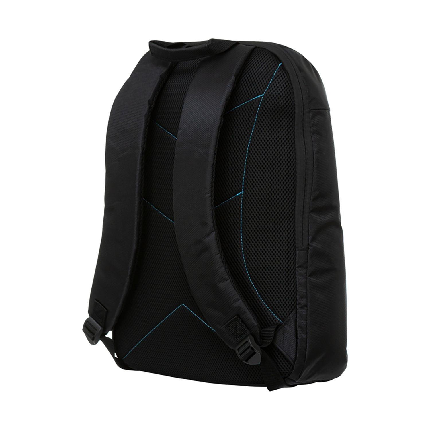 Zaino nero con cuciture blu sul retro. Ha spallacci imbottiti e pannello posteriore in rete per la ventilazione.