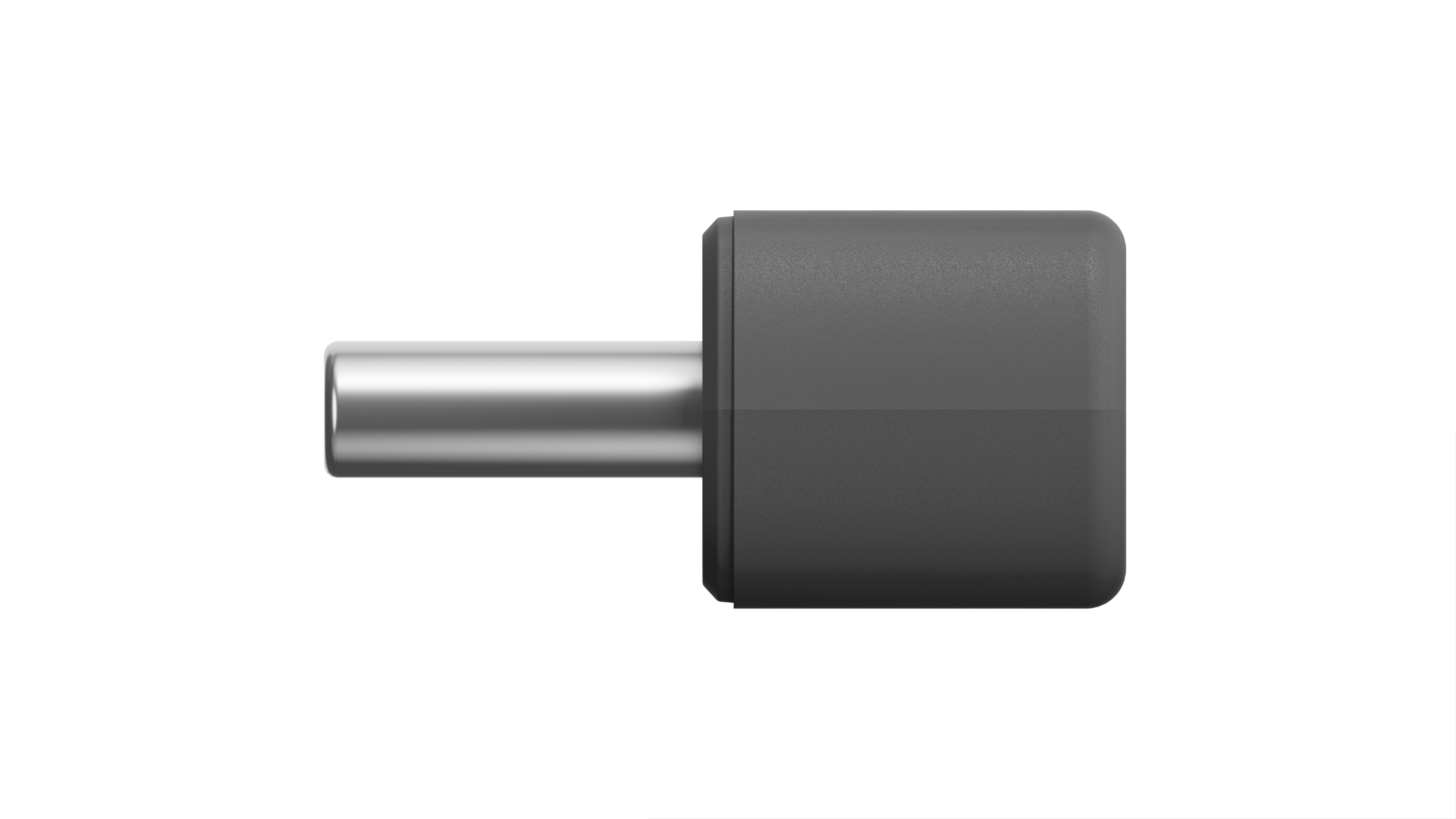 Ein grauer Adapter mit einem silbernen zylindrischen Stecker auf weißem Hintergrund.