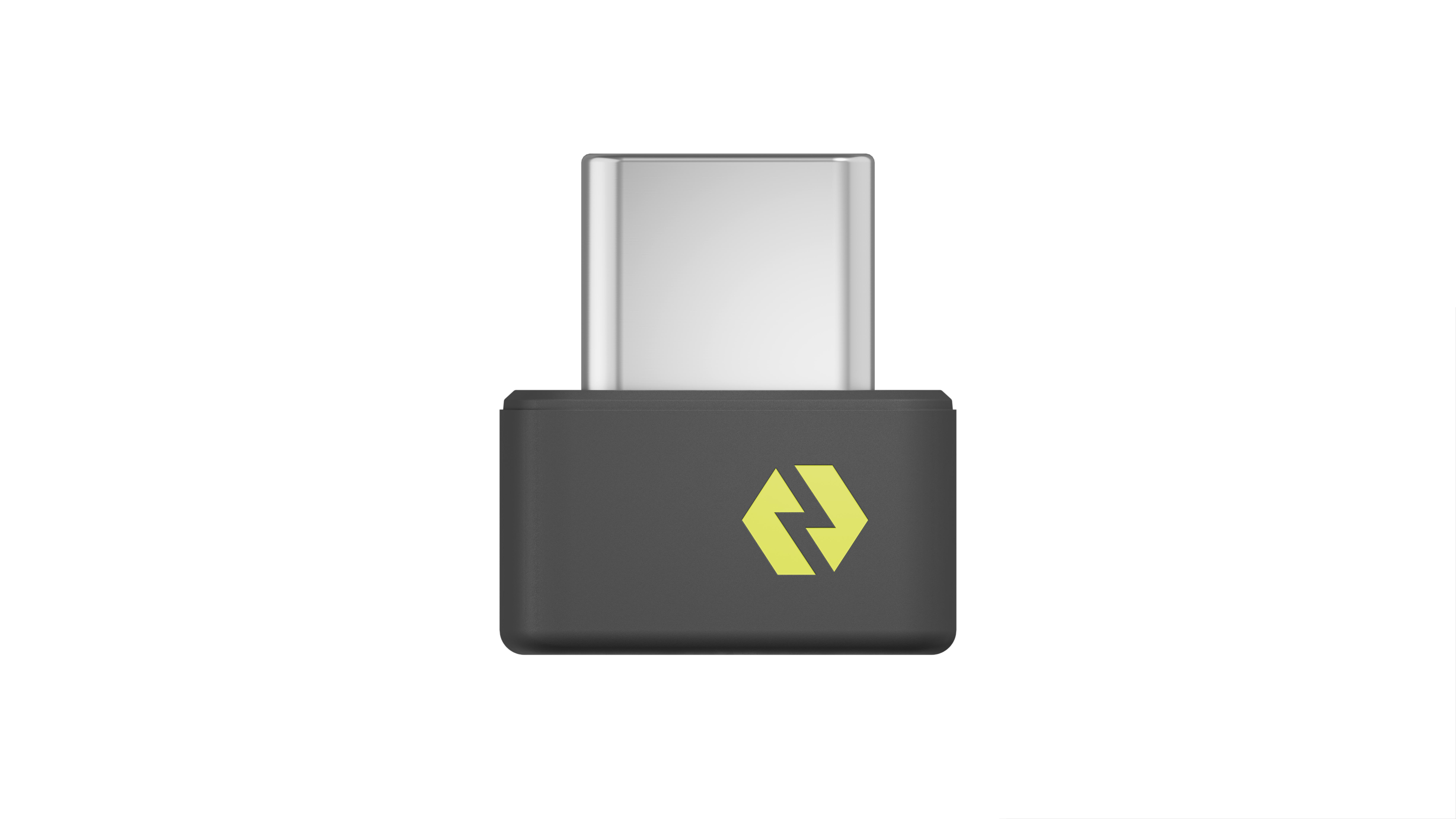 Ein USB-C-Adapter mit silbernem Anschluss und schwarzem Gehäuse. Auf dem schwarzen Gehäuse befindet sich ein gelbes Logo.