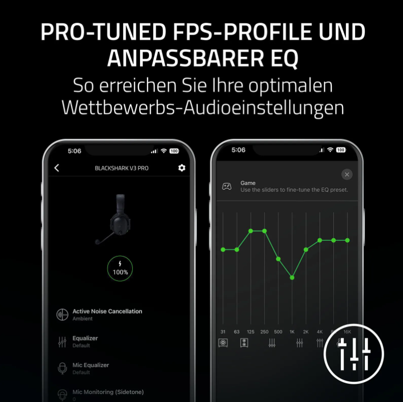 Zwei Telefone zeigen Audioeinstellungen. Links sieht man ein Headset und Optionen. Rechts ein Equalizer-Diagramm mit Schiebereglern.