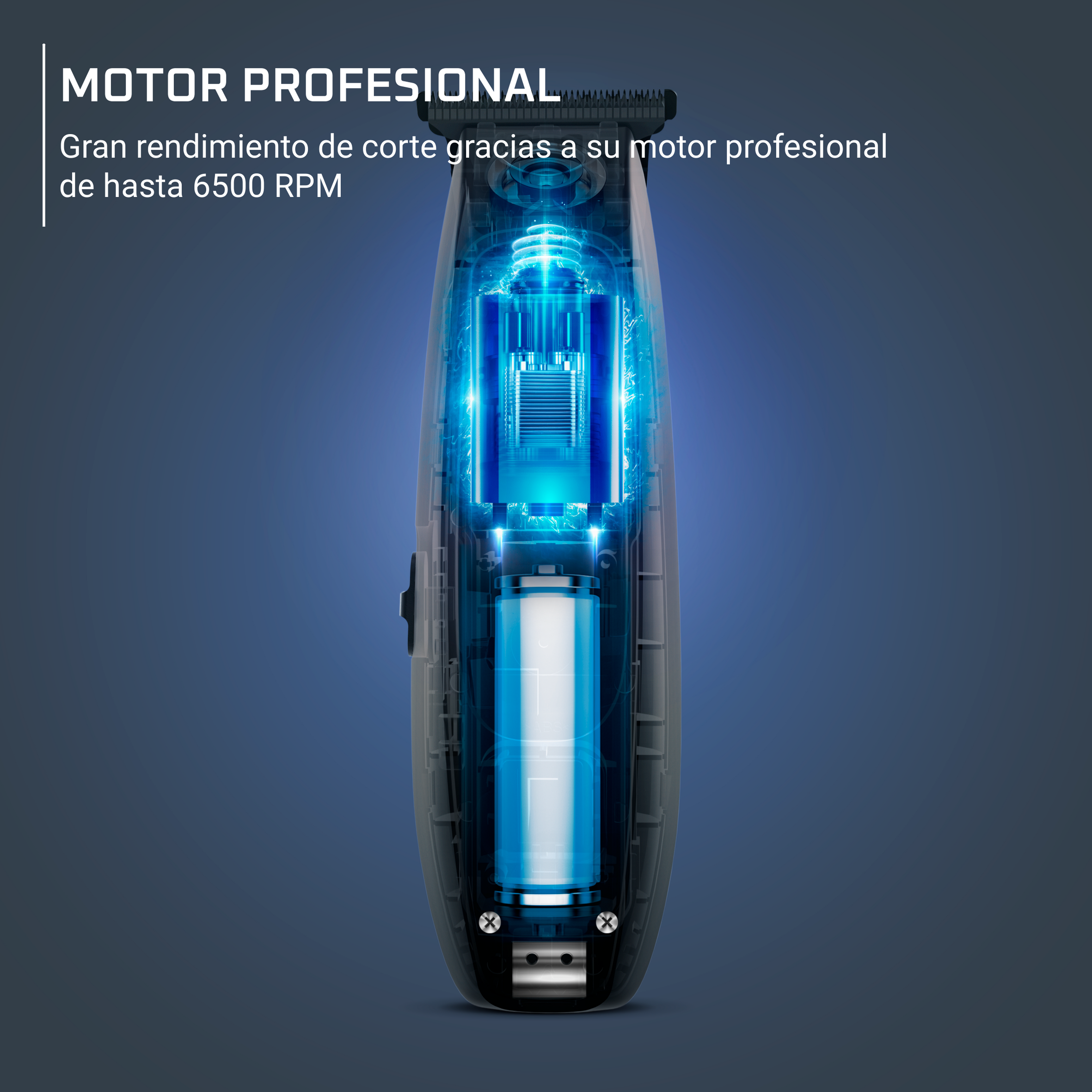 Corte transversal de una recortadora con un brillo azul. El texto dice 'MOTOR PROFESIONAL' y '6500 RPM'.