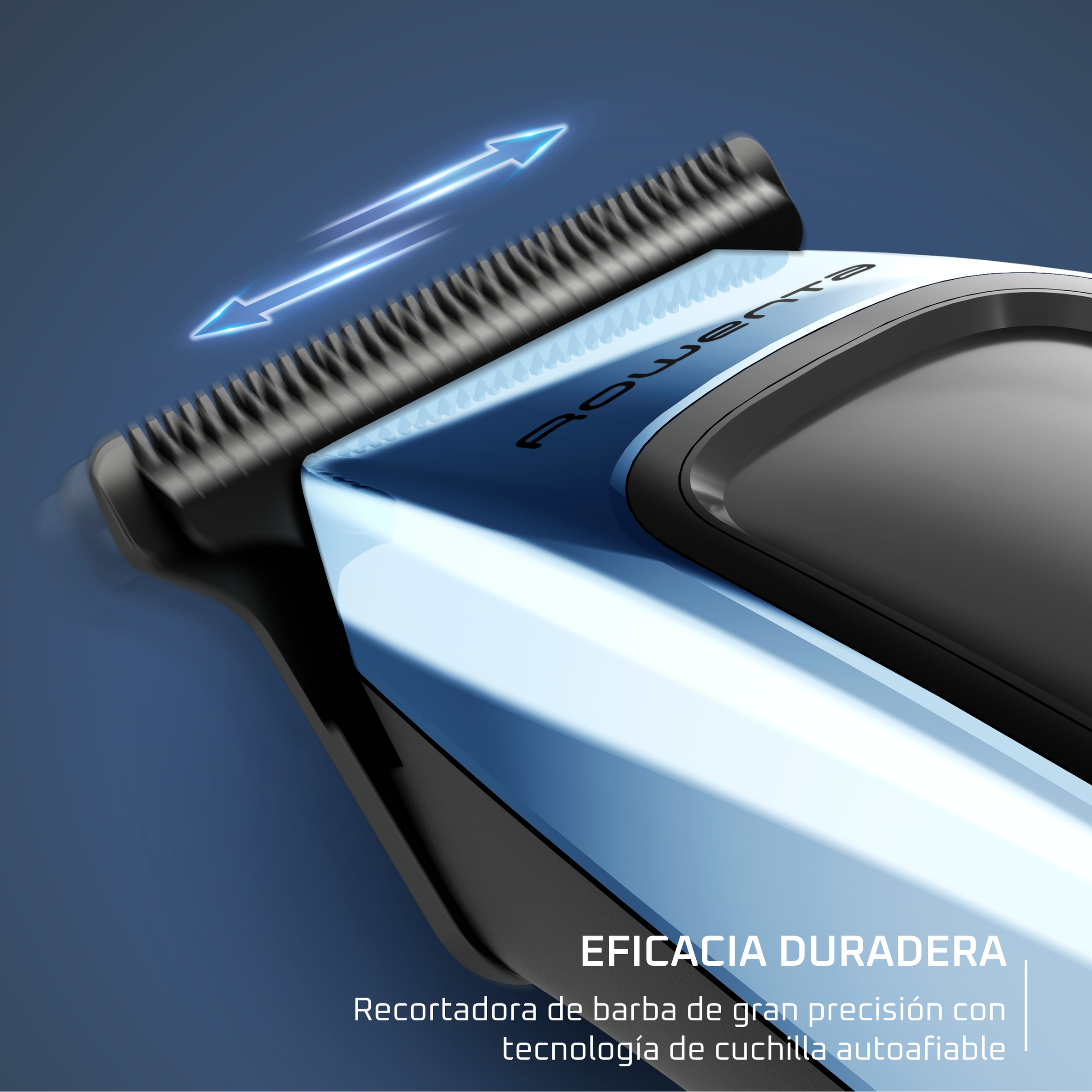 Primer plano de un recortador de barba con acentos azules. Flechas indican movimiento. Texto: 'Eficiencia Duradera'.