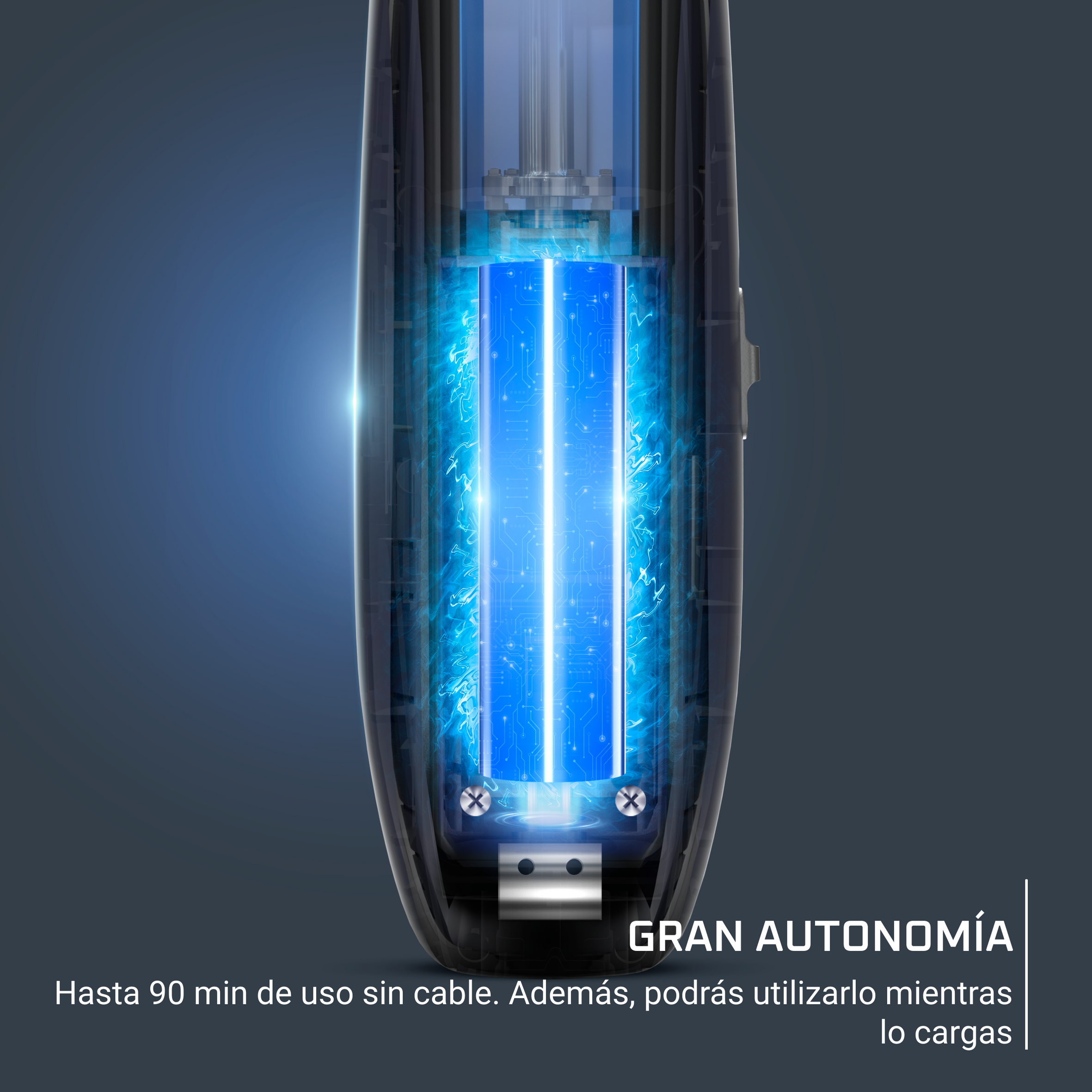 Una afeitadora eléctrica con interior azul brillante, mostrando la batería y componentes internos.