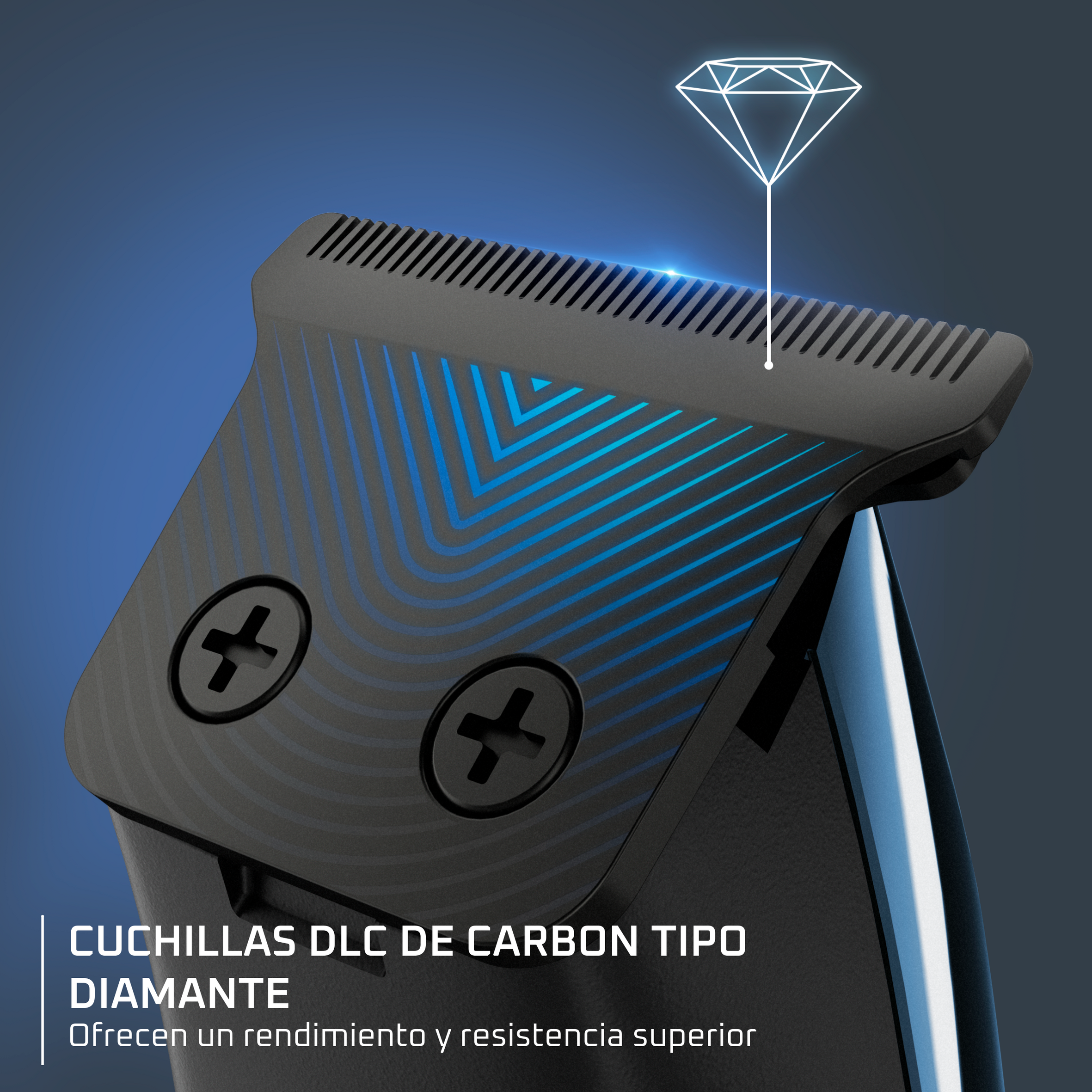 Primer plano de un cabezal de cortapelos negro con detalles azules, gráfico de diamante y texto en español. Fondo azul degradado.
