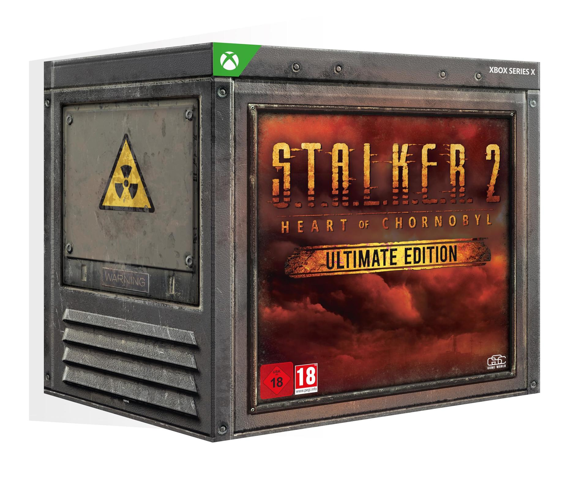 Pudełko gry Xbox Series X. Zawiera tytuł Stalker 2, symbol ostrzegawczy i ocenę wiekową. Metalowe i zużyte.
