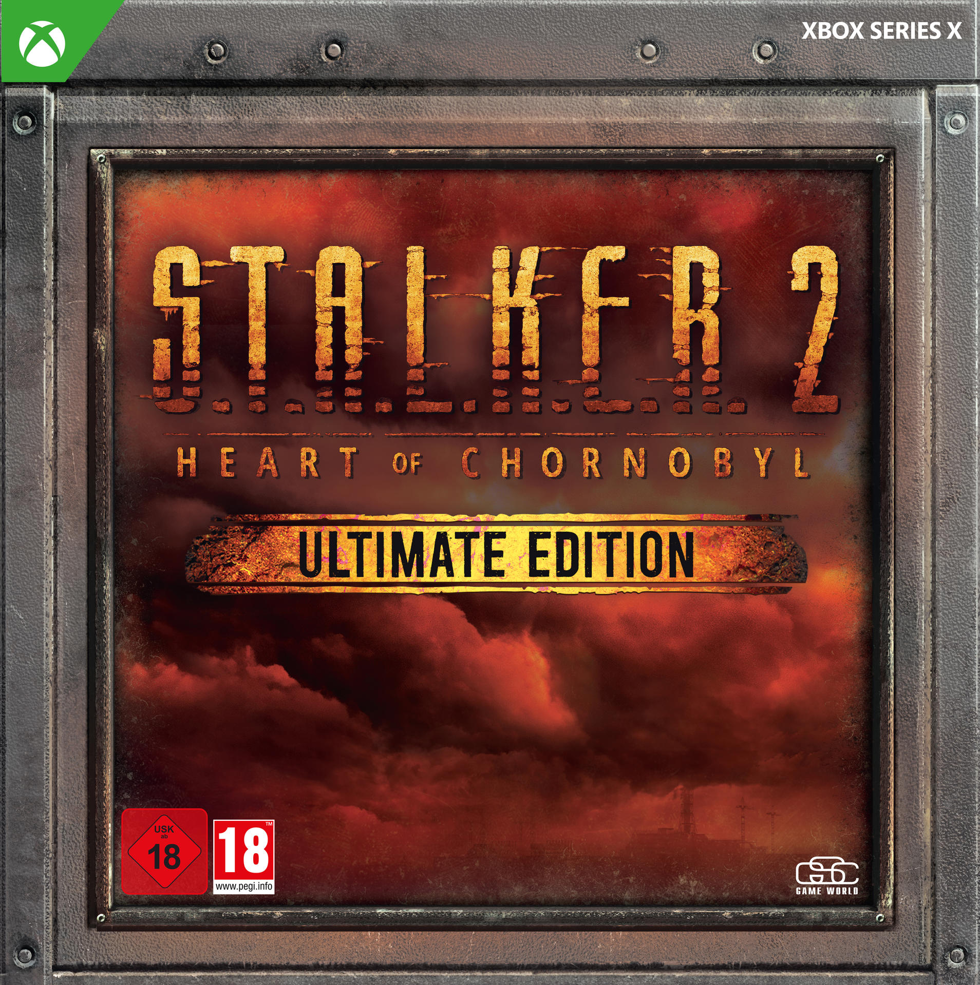 Grafika pudełka gry STALKER 2: Heart of Chornobyl. Zawiera zardzewiałą ramę z tytułem gry i logo ocen.