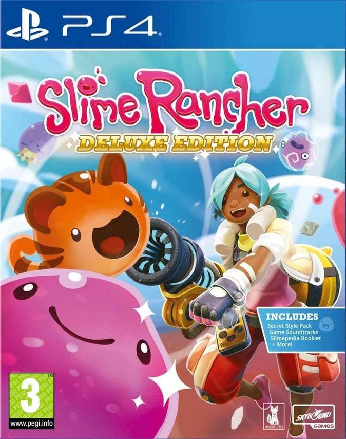 Okładka gry Slime Rancher Deluxe Edition. Zawiera postać z niebieskimi włosami i różowym slime. Zawiera różne elementy gry.