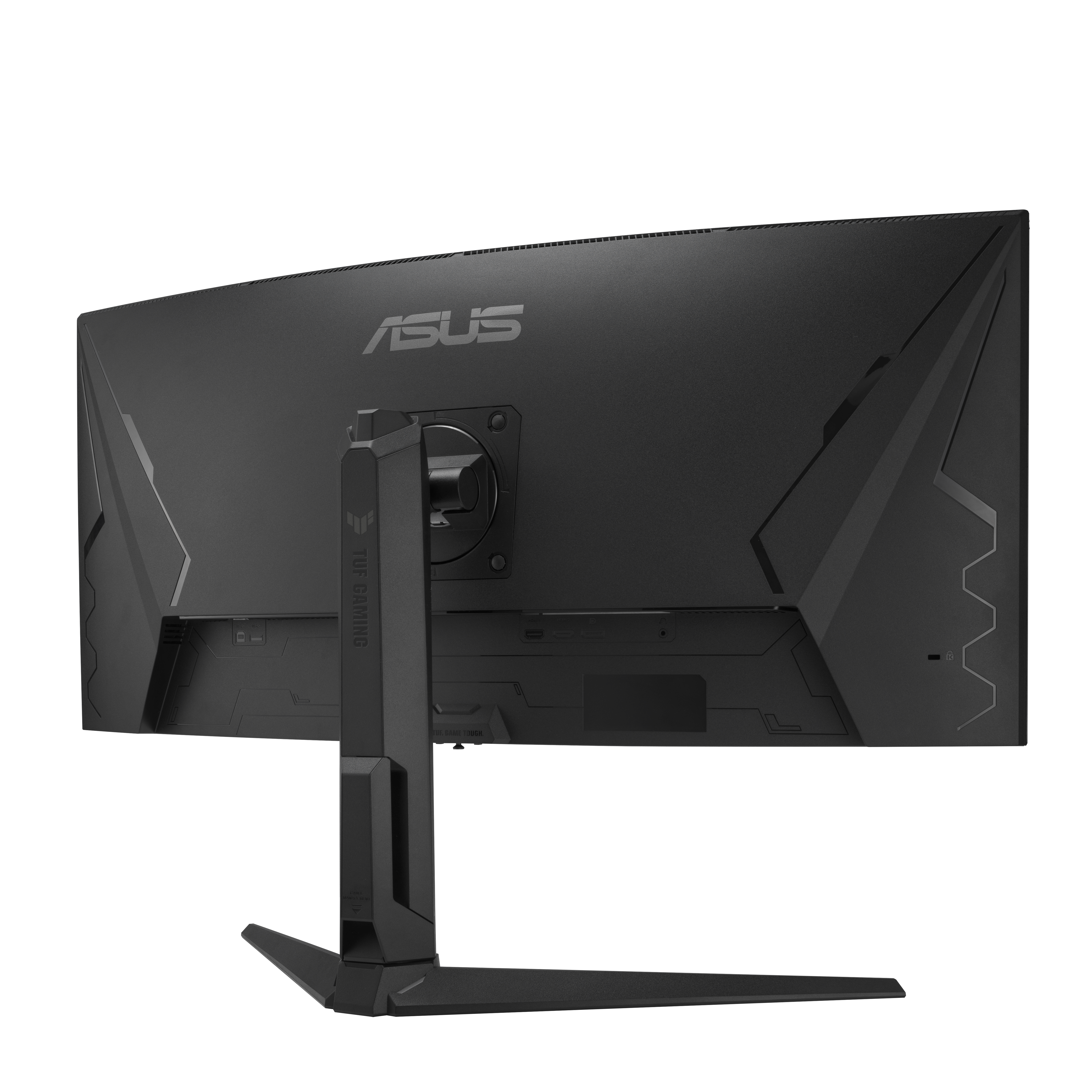 Widoczny tył czarnego monitora ASUS TUF Gaming. Ma podstawkę i logo ASUS. Tło jest białe.