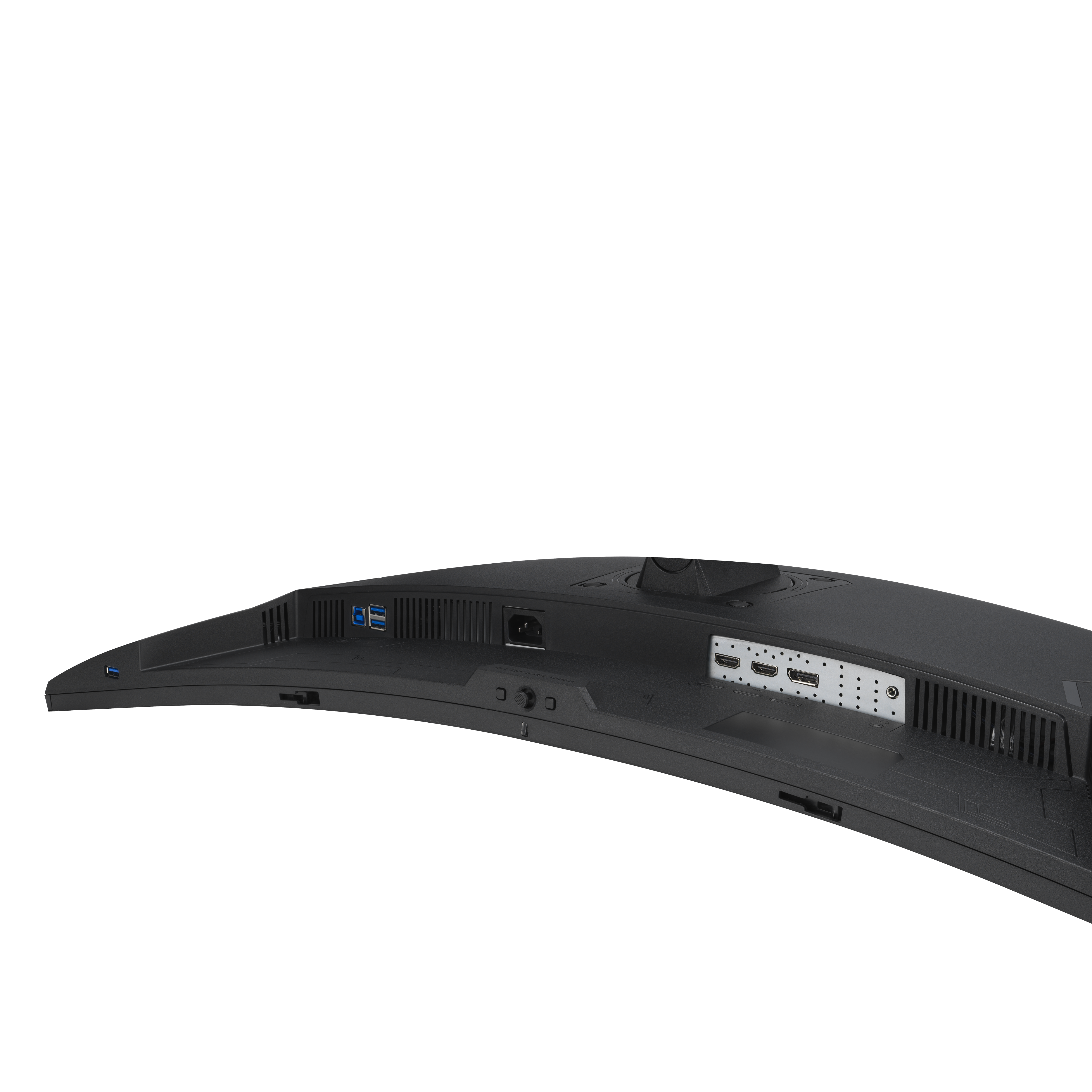 Tył zakrzywionego czarnego monitora z różnymi portami i złączami na czarnym tle.