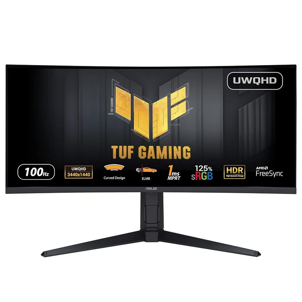 Zakrzywiony monitor ASUS TUF Gaming. Funkcje obejmują 100Hz, UWQHD, 1ms MPRT, 125% sRGB, HDR i AMD FreeSync.