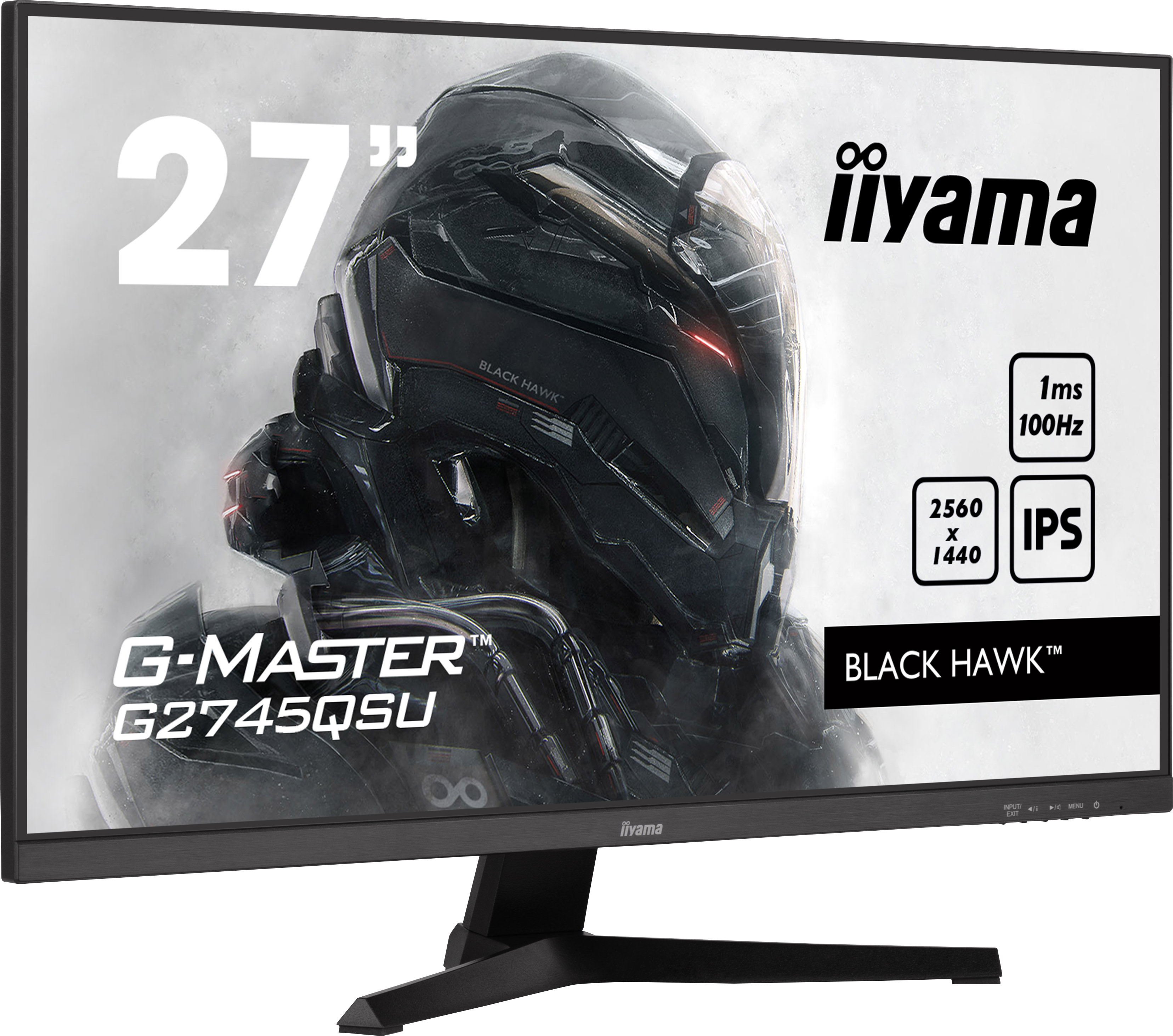 27-calowy monitor iiyama wyświetla grafikę czarnego jastrzębia. Cechy: 1ms, 100Hz i IPS. Model G2745QSU.