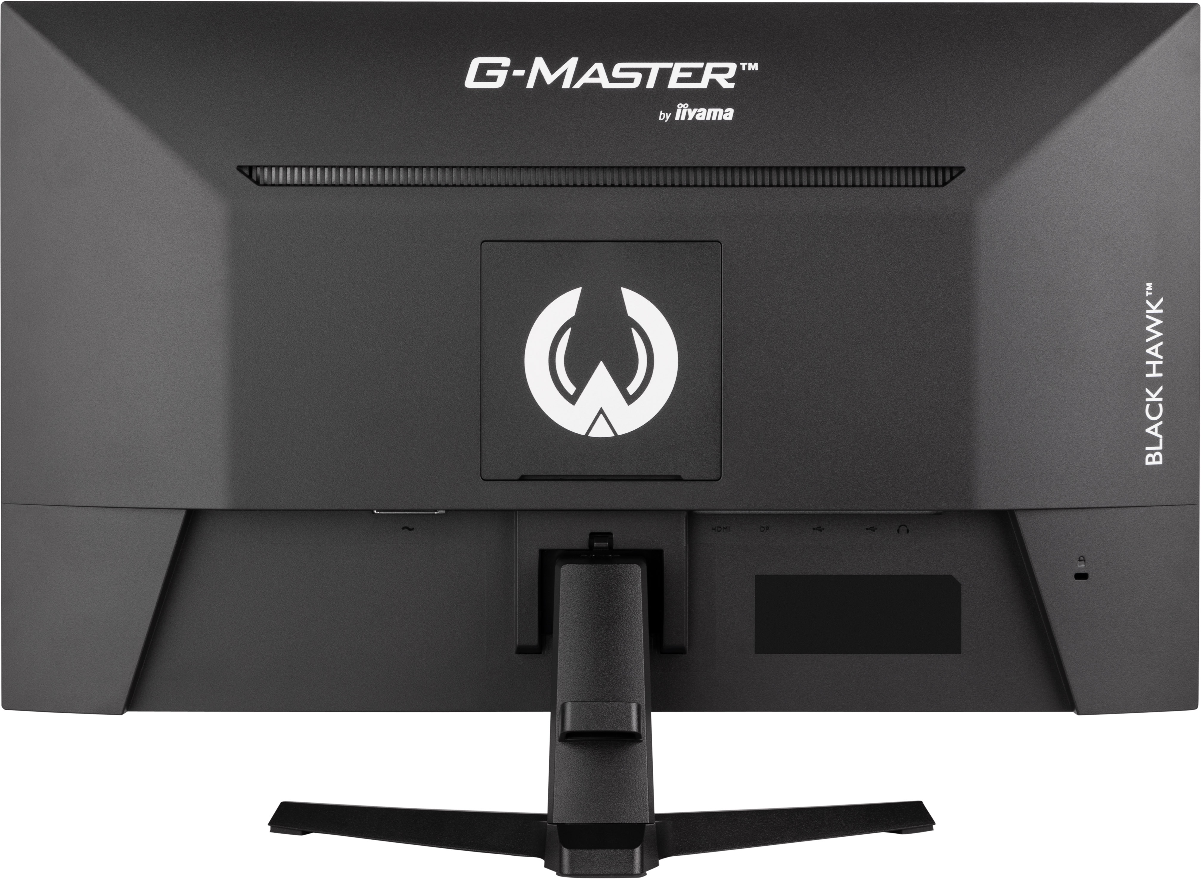 Tył czarnego monitora komputerowego. Ma podstawkę, logo i nazwę marki 'G-MASTER'.