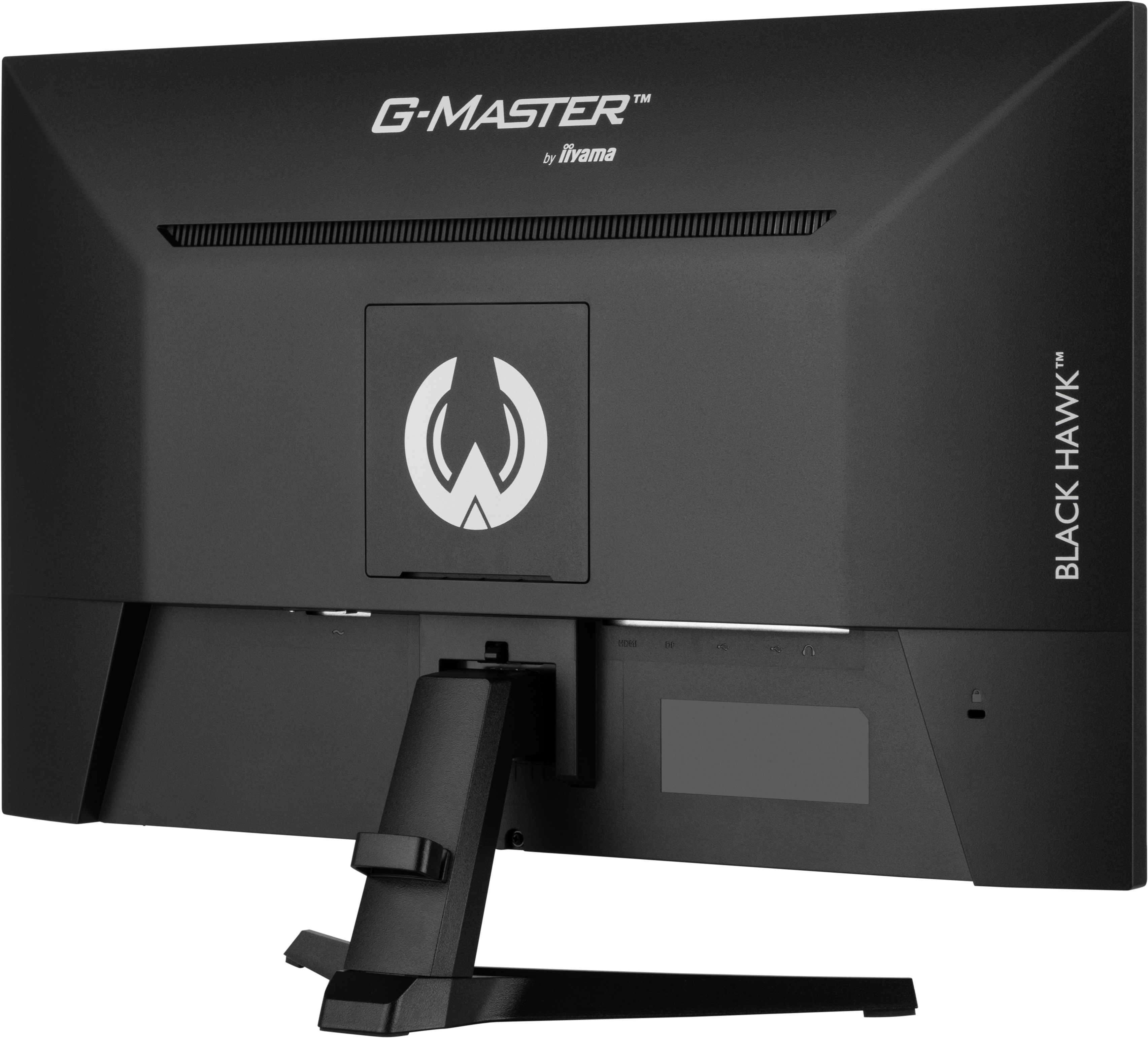 Tył czarnego monitora G-MASTER firmy iiyama. Posiada podstawę, logo i porty.