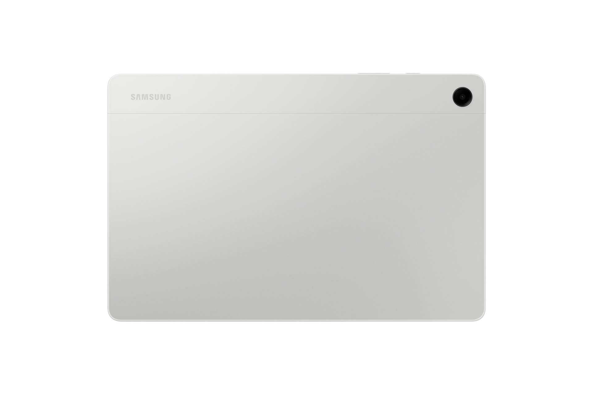 Biały tablet na czarnym tle. Logo Samsung znajduje się u góry. Obiektyw aparatu widoczny po prawej stronie.