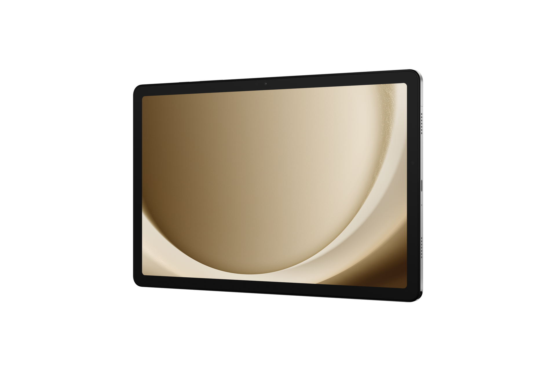 Tablet z złotym i białym zakrzywionym wzorem na ekranie, czarną ramką, na czarnym tle.