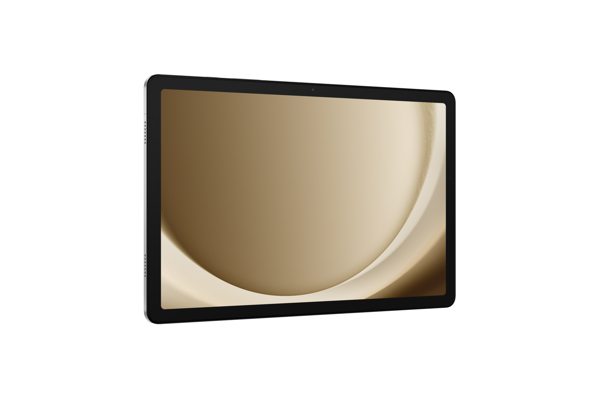 Tablet z czarną ramką i złotym ekranem na czarnym tle. Ekran ma abstrakcyjny wzór.