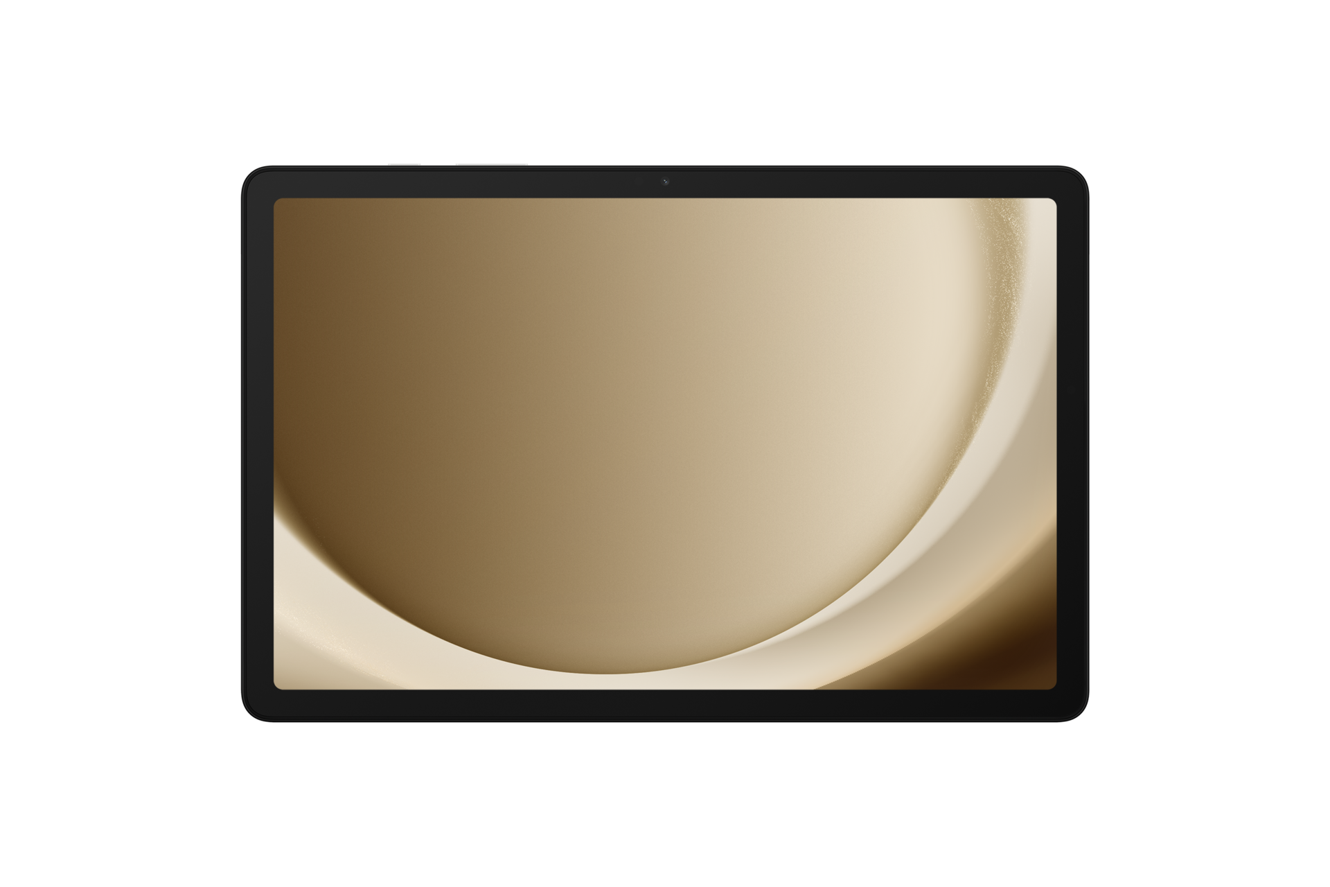 Tablet z czarną ramką. Ekran ma gradient kolorów złota i kremu. Tło jest czarne.