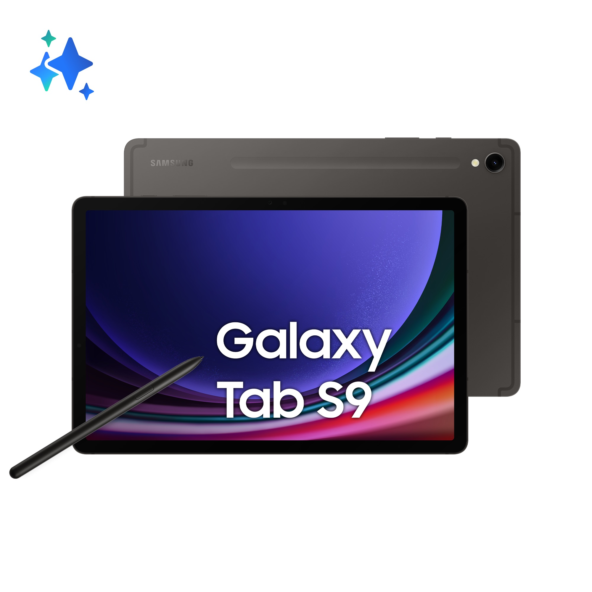 Tablet Samsung Galaxy Tab S9 z rysikiem. Tablet jest czarny, a ekran wyświetla kolorowe tło.