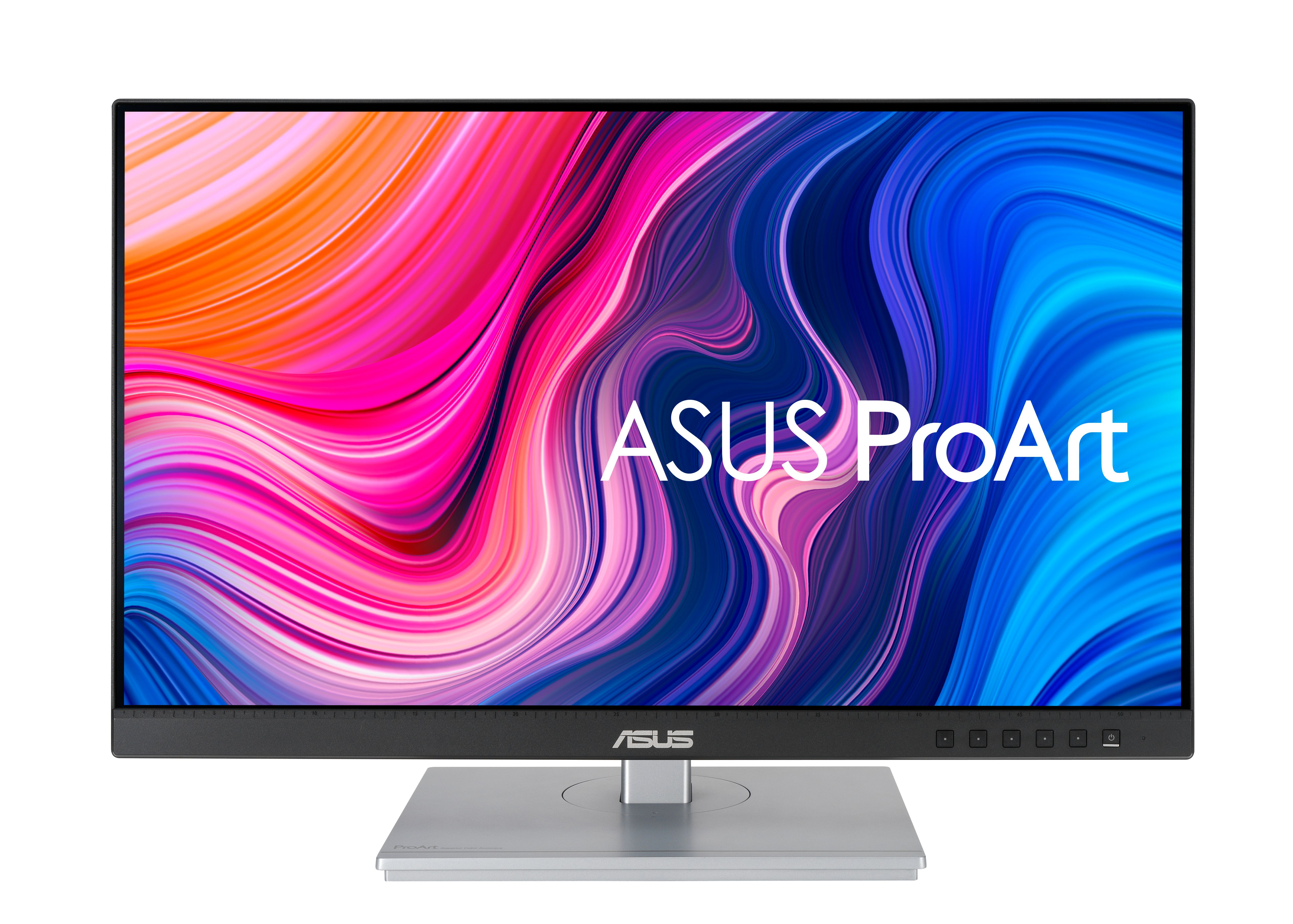 Monitor ASUS ProArt wyświetla kolorowe, abstrakcyjne tło. Monitor stoi na srebrnej podstawce i ma logo ASUS.