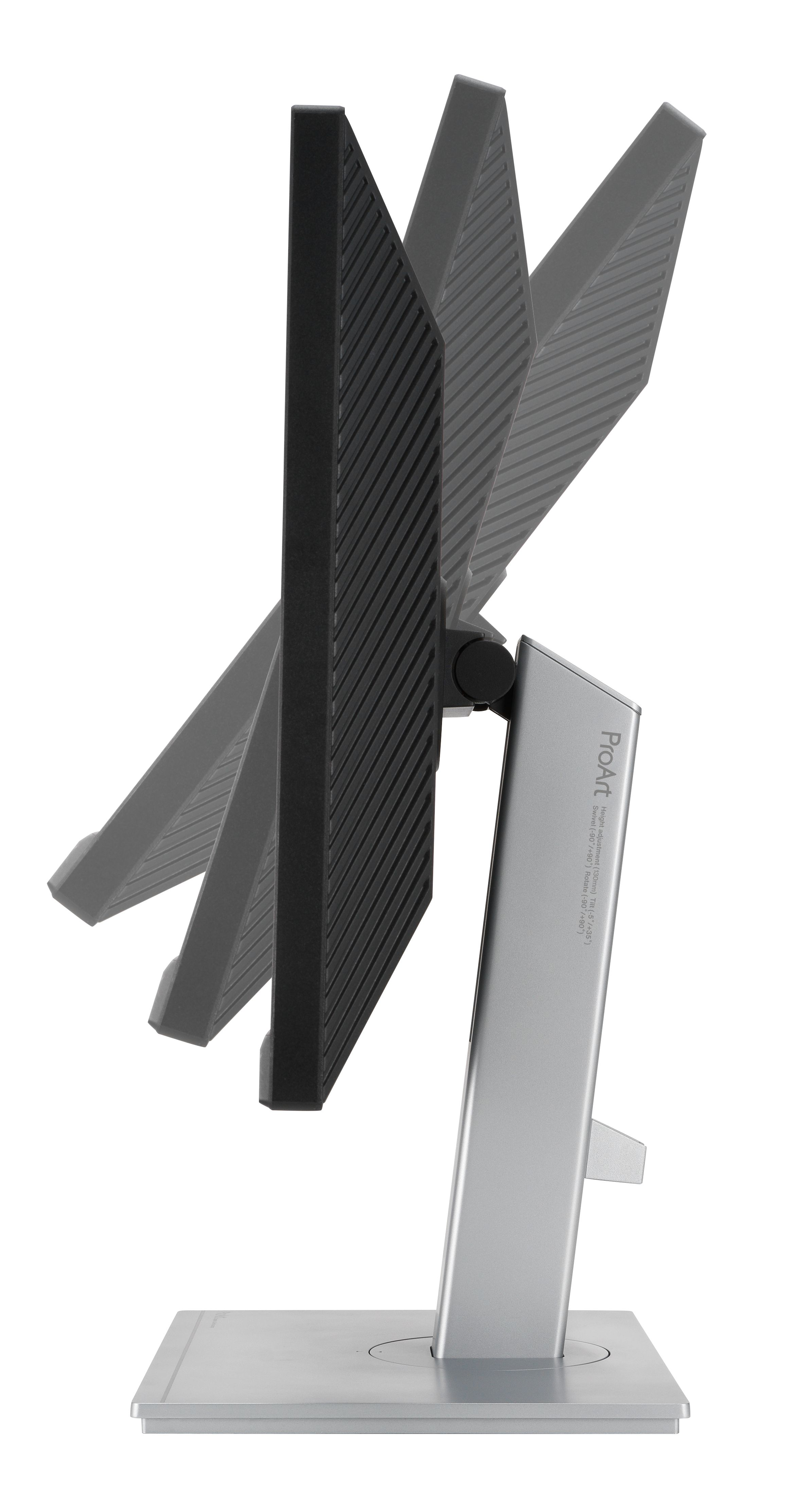 Monitor komputera jest przechylony, pokazując tył ekranu i podstawę. Podstawa jest srebrna, a ekran czarny.