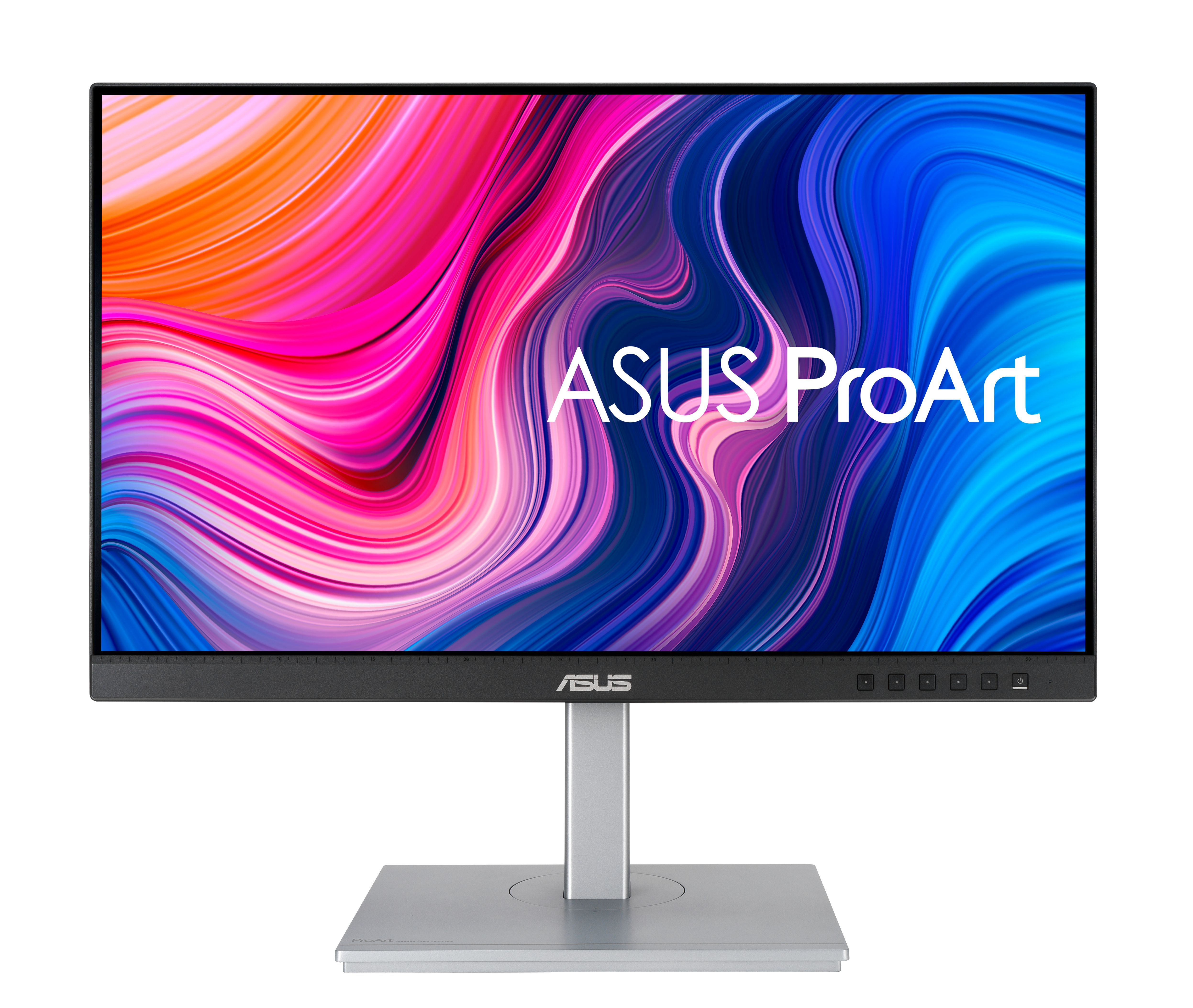 Monitor ASUS ProArt. Ma kolorowy wyświetlacz i srebrną podstawkę. Logo ASUS znajduje się na dole.